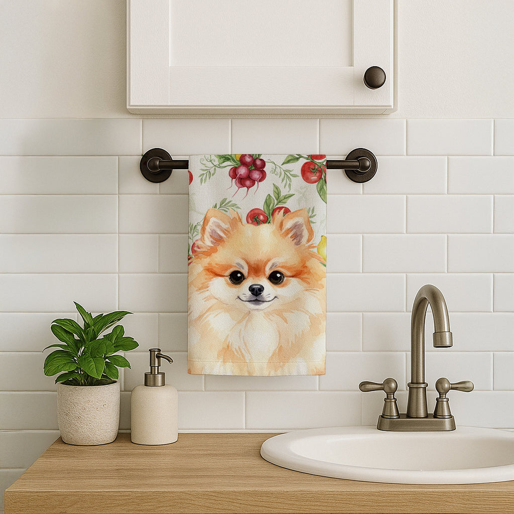 Pomeranian Vegetables Kitchen Towel Velour Plush Front and Cotton Loop Back Machine Washable