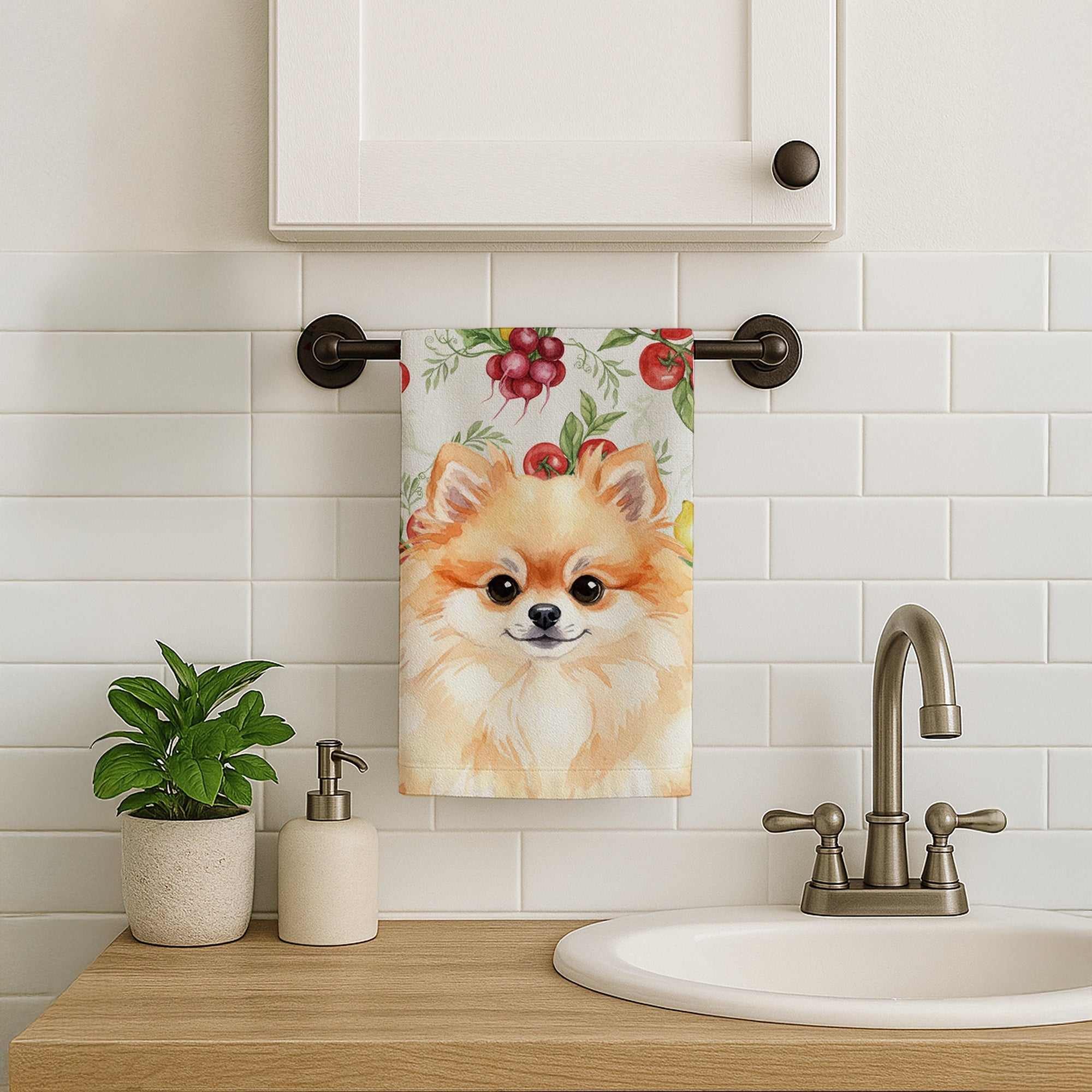 Pomeranian Vegetables Kitchen Towel Velour Plush Front and Cotton Loop Back Machine Washable