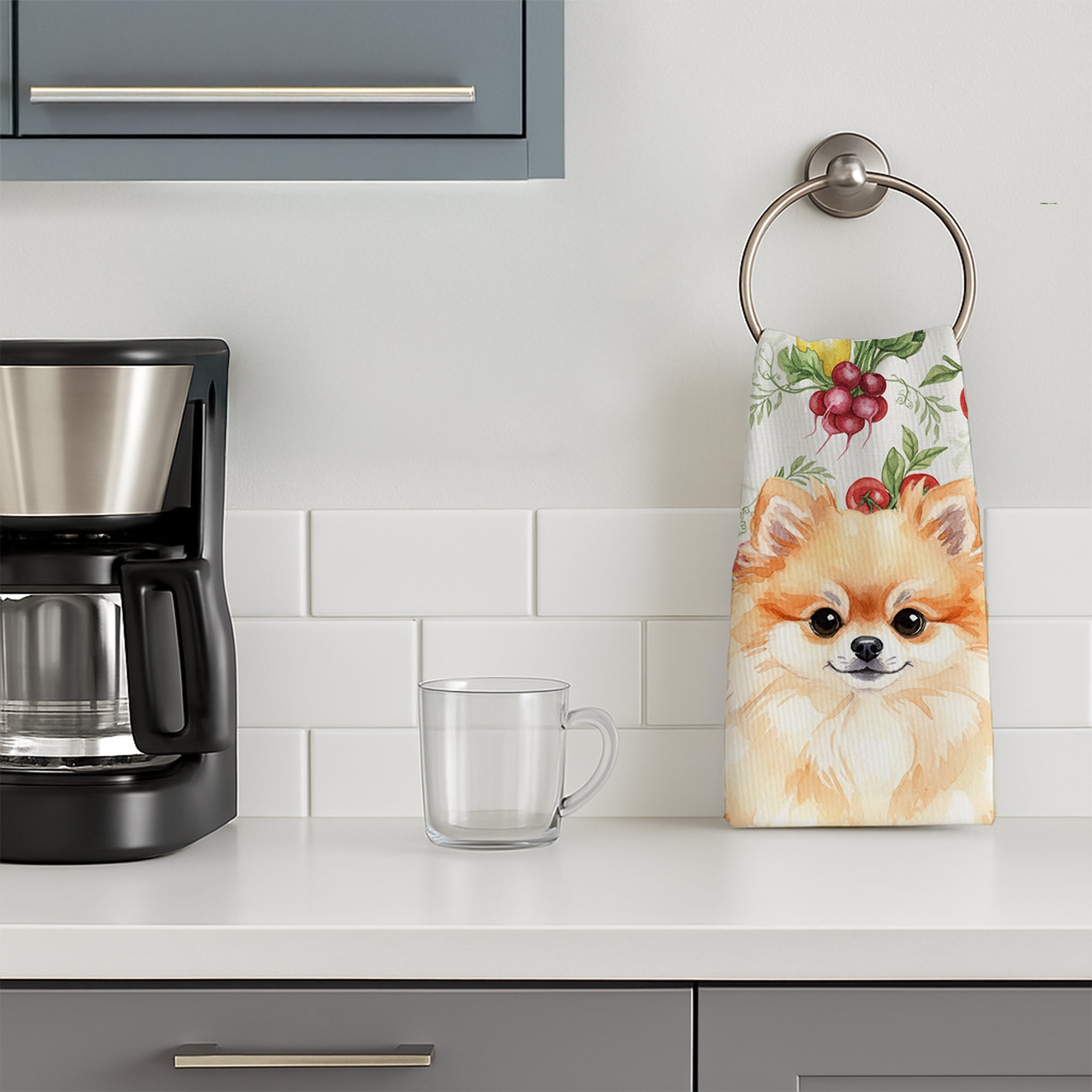 Pomeranian Vegetables Kitchen Towel Velour Plush Front and Cotton Loop Back Machine Washable
