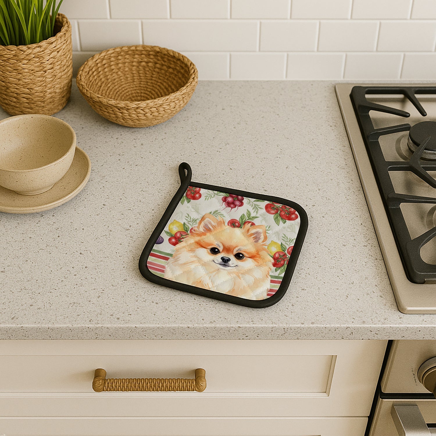 Pomeranian Vegetables Pot Holder Set of 2 Heat Resistant Quilted Hot Pads 7.5 x 7.5 Inch, Insulated Kitchen Trivets for Cooking & Baking