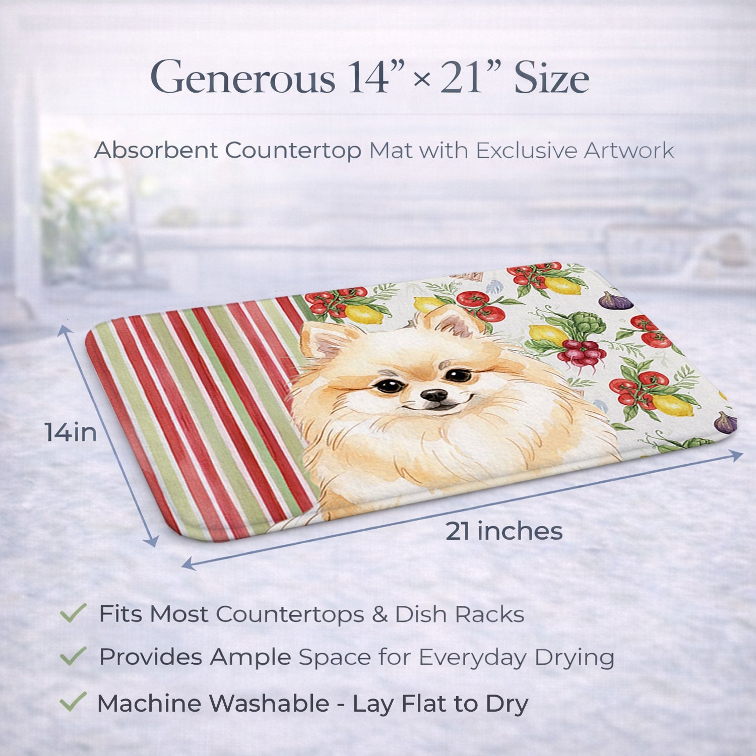 Cream Pomeranian Vegetables Dish Drying Mat Absorbent Dish Drying Mat Pad for Kitchen Counter Dish Drainer Mat for Countertop, 14 x 21", Multicolor