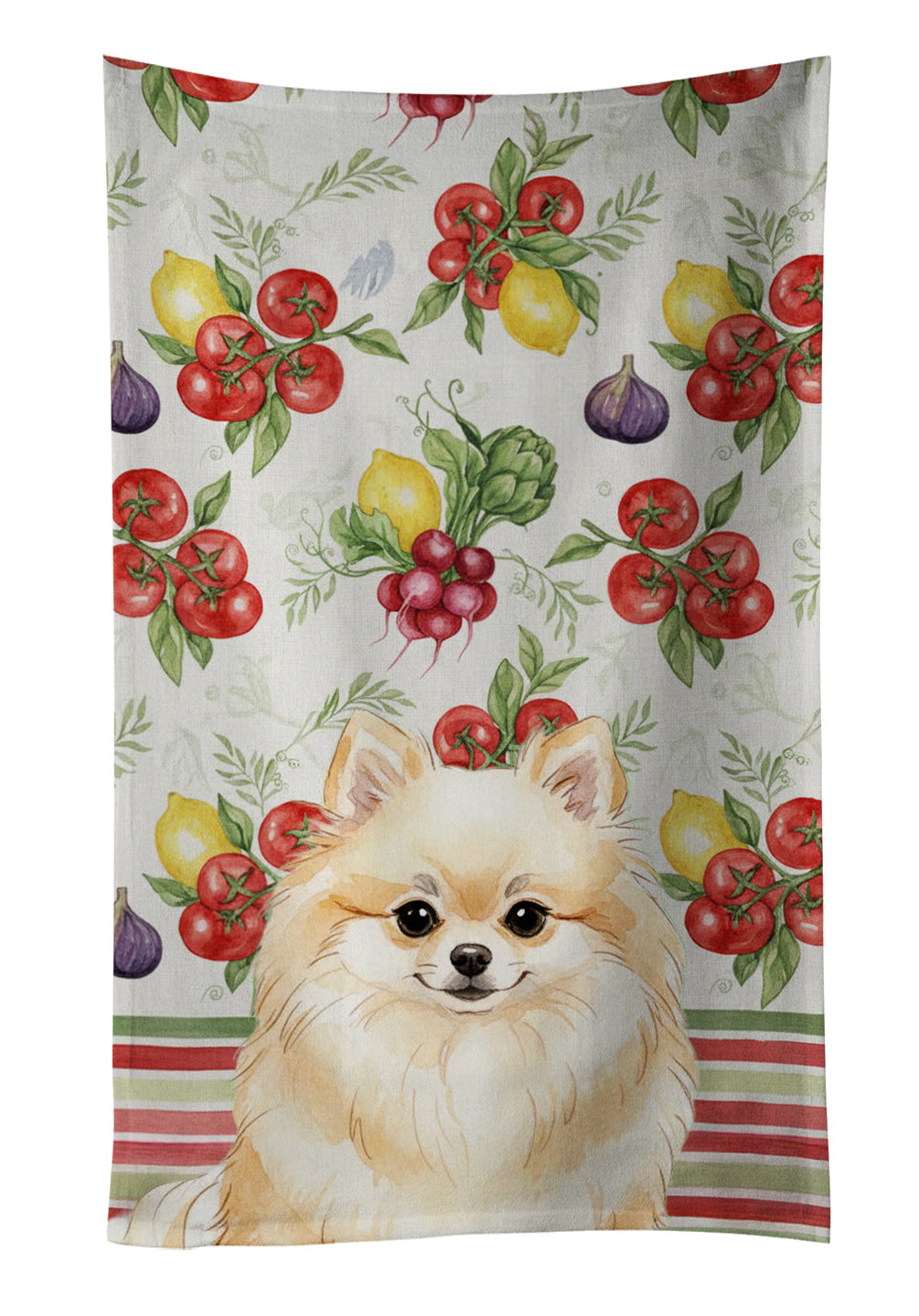 Cream Pomeranian Vegetables Kitchen Towel Velour Plush Front and Cotton Loop Back Machine Washable