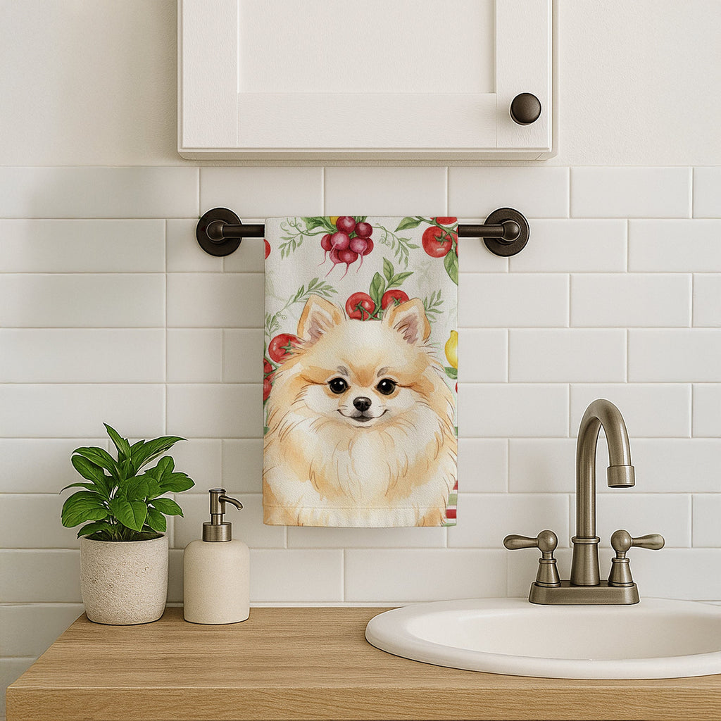 Cream Pomeranian Vegetables Kitchen Towel Velour Plush Front and Cotton Loop Back Machine Washable