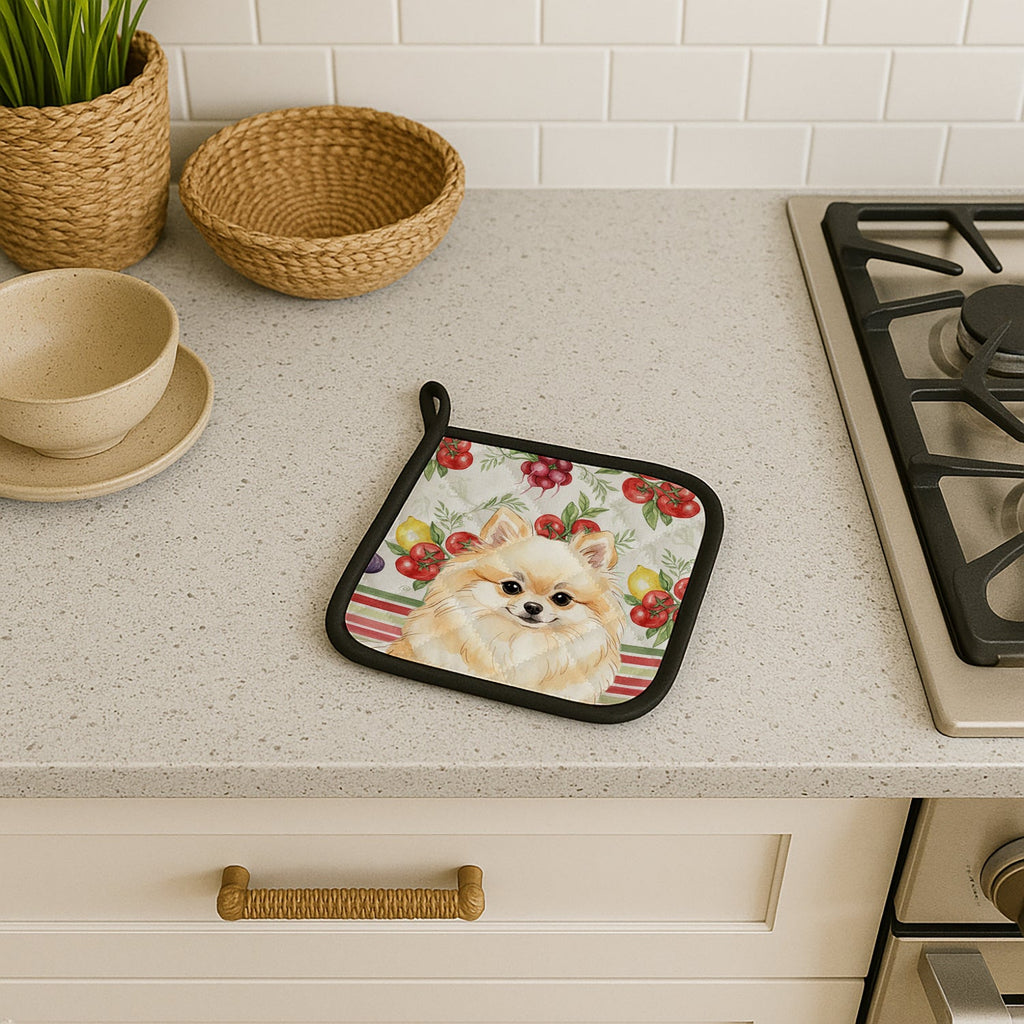 Cream Pomeranian Vegetables Pot Holder Set of 2 Heat Resistant Quilted Hot Pads 7.5 x 7.5 Inch, Insulated Kitchen Trivets for Cooking & Baking