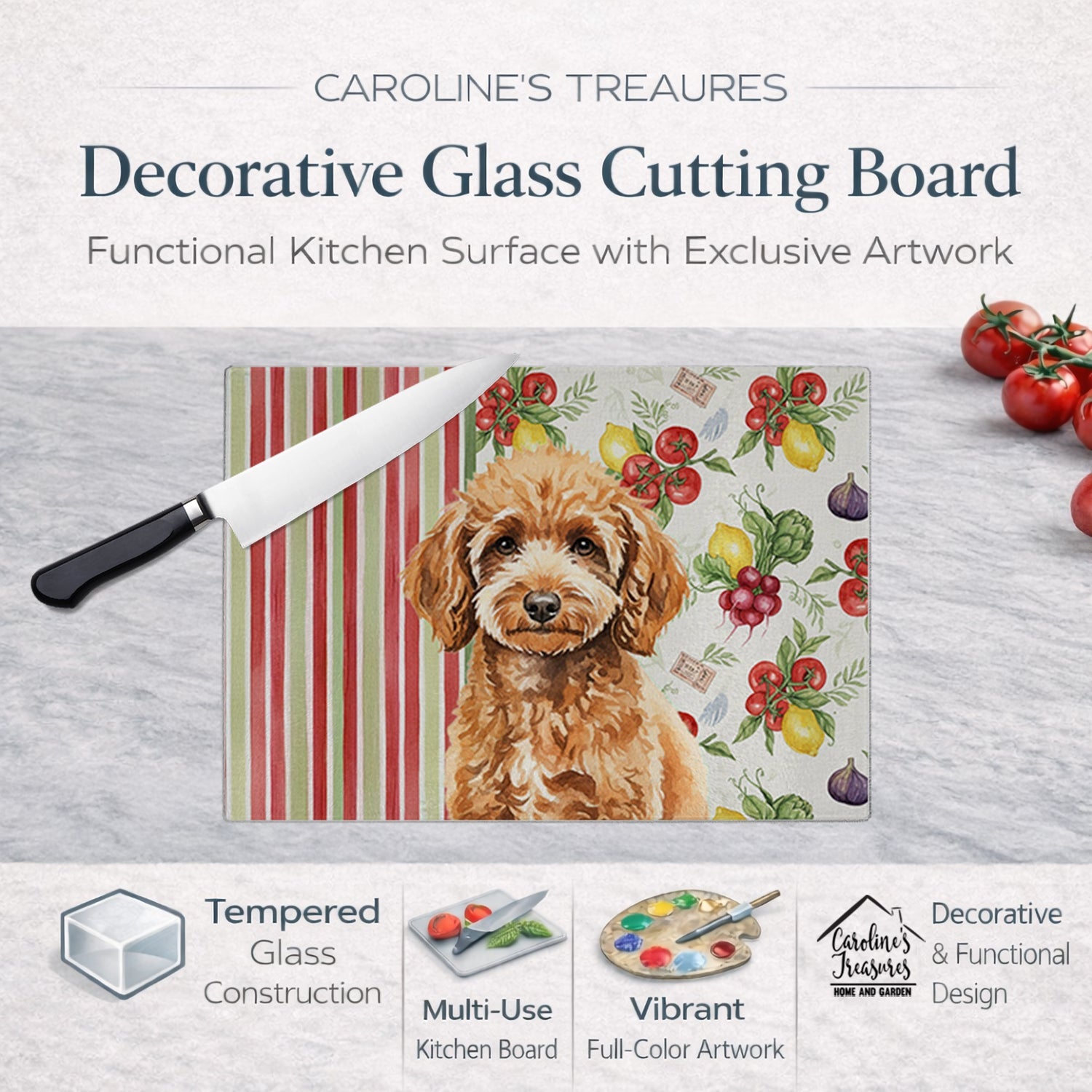 Miniature Apricot Poodle Vegetables Cutting Board Tempered Glass Kitchen Cutting Surface, Heat Resistant Chopping, Non-Slip Feet, Food Prep & Serving