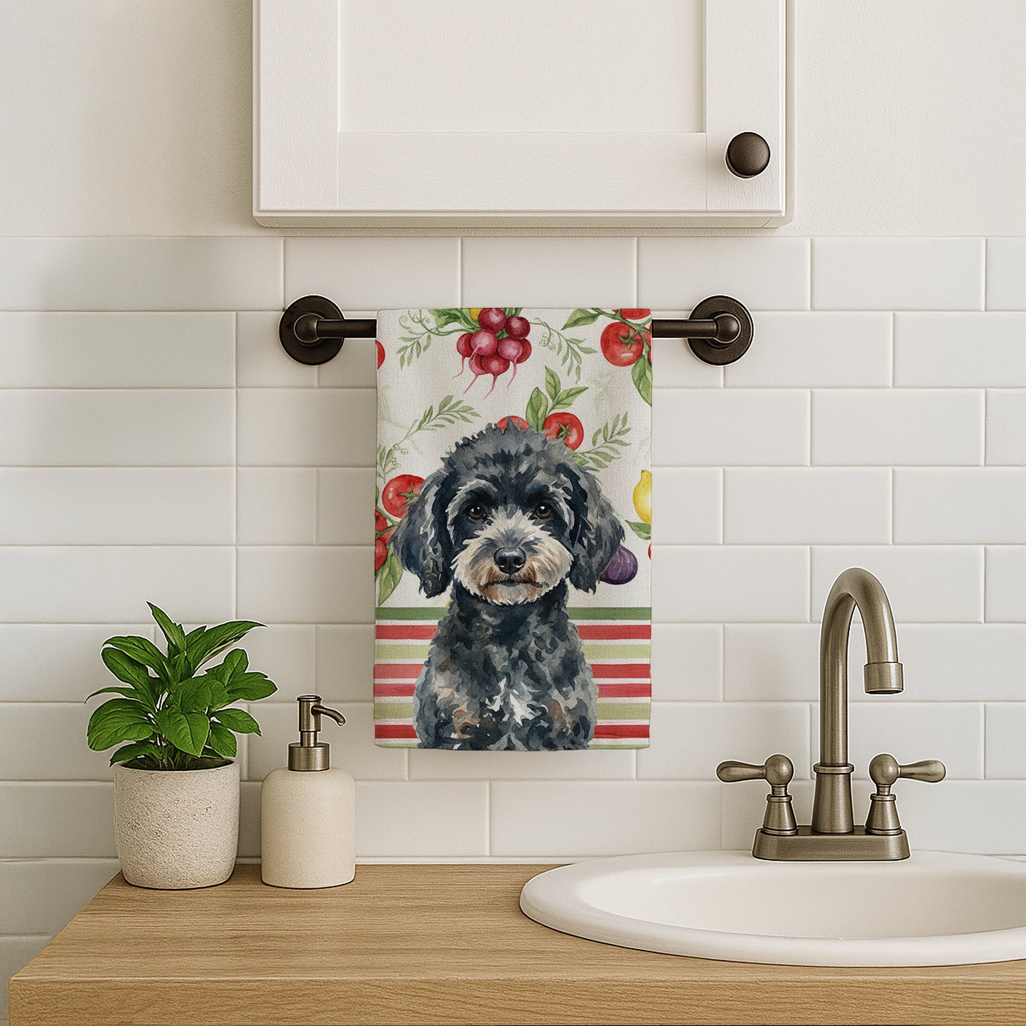 Miniature Black Poodle Vegetables Kitchen Towel Velour Plush Front and Cotton Loop Back Machine Washable