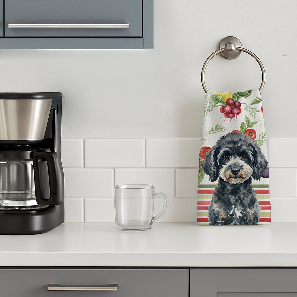 Miniature Black Poodle Vegetables Kitchen Towel Velour Plush Front and Cotton Loop Back Machine Washable