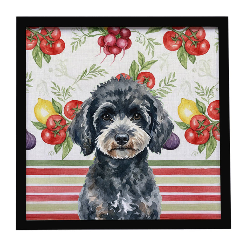 Miniature Black Poodle Vegetables Framed Metal Print Bathroom, Kitchen, Office, Home Decor Wall Art Ready to Hang, Square, 8X8
