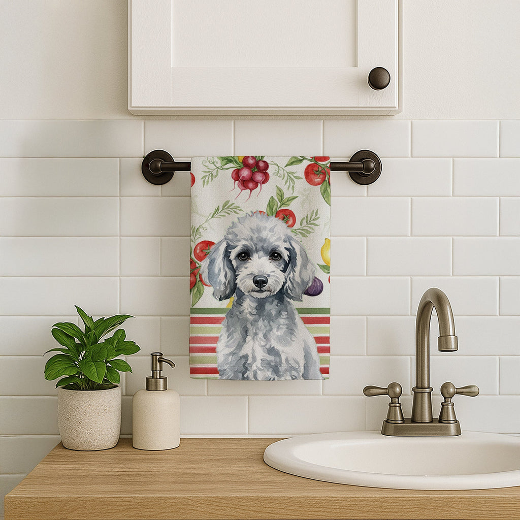 Miniature Silver Poodle Vegetables Kitchen Towel Velour Plush Front and Cotton Loop Back Machine Washable
