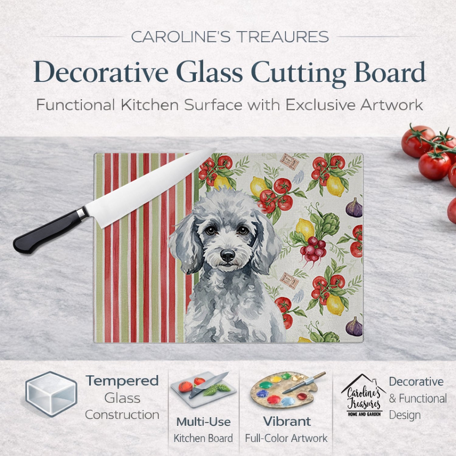 Miniature Silver Poodle Vegetables Cutting Board Tempered Glass Kitchen Cutting Surface, Heat Resistant Chopping, Non-Slip Feet, Food Prep & Serving