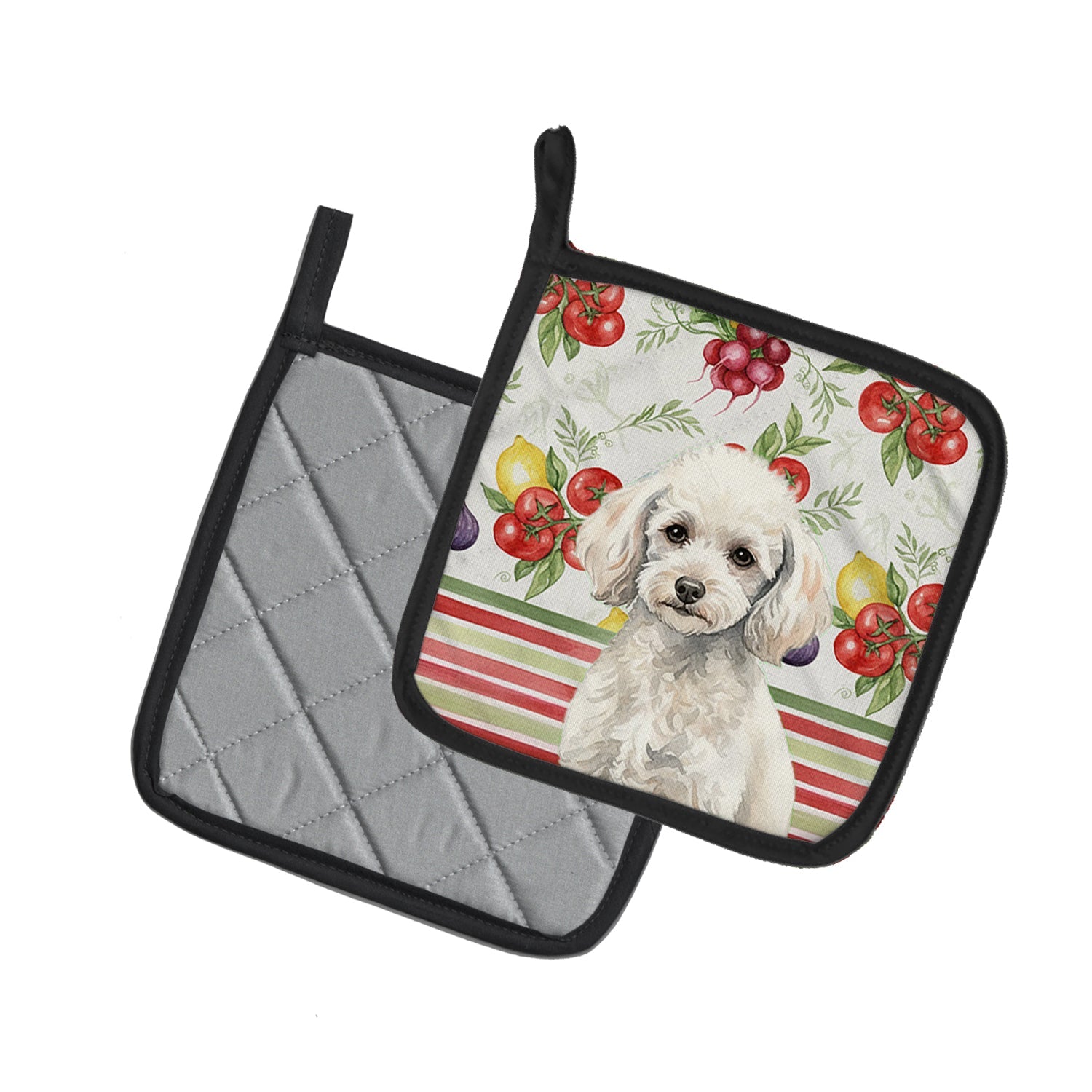 Miniature White Poodle Vegetables Pot Holder Set of 2 Heat Resistant Quilted Hot Pads 7.5 x 7.5 Inch, Insulated Kitchen Trivets for Cooking & Baking