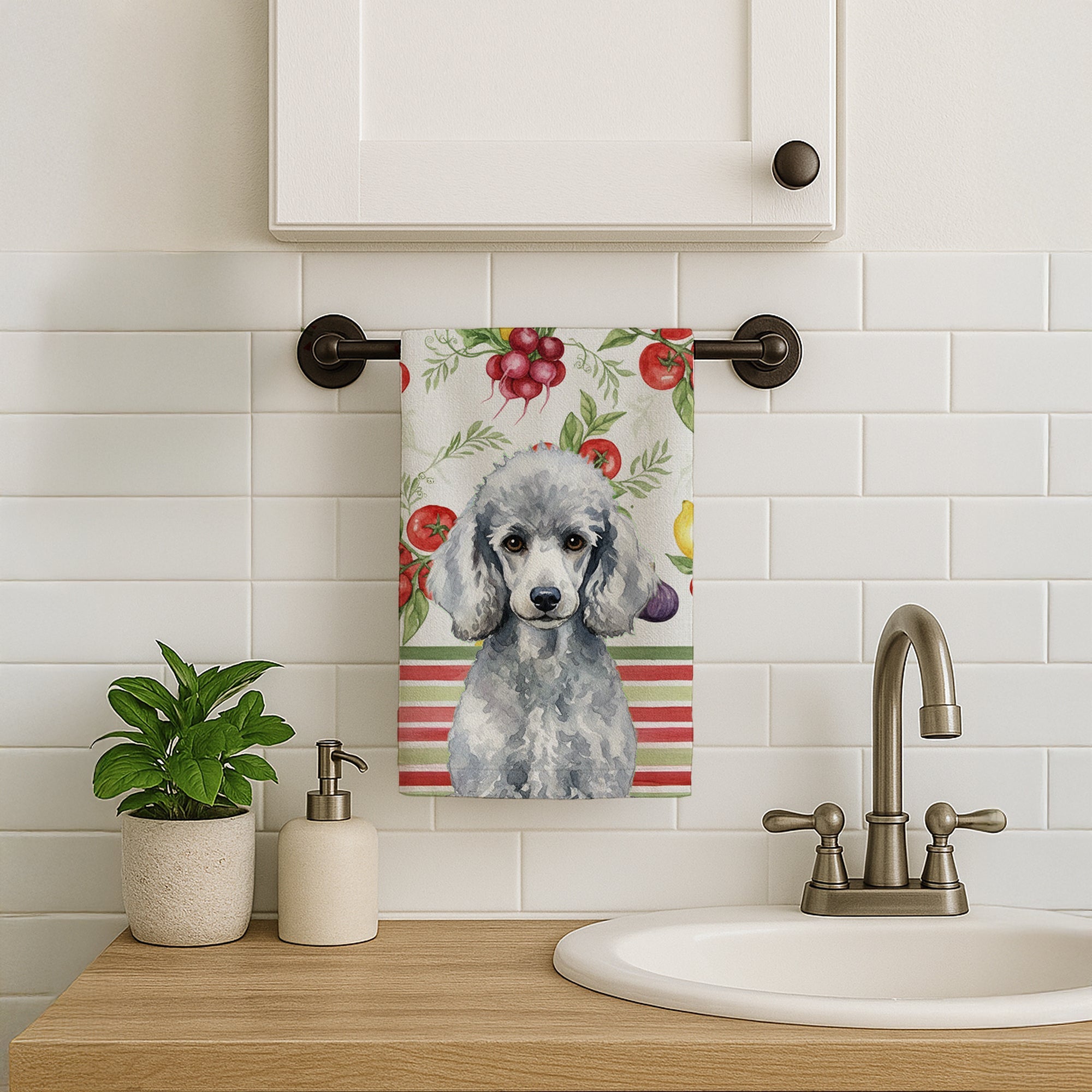 Standard Silver Poodle Vegetables Kitchen Towel Velour Plush Front and Cotton Loop Back Machine Washable