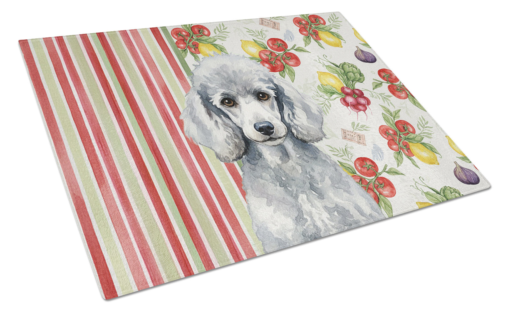 Standard Silver Poodle Vegetables Cutting Board Tempered Glass Kitchen Cutting Surface, Heat Resistant Chopping, Non-Slip Feet, Food Prep & Serving