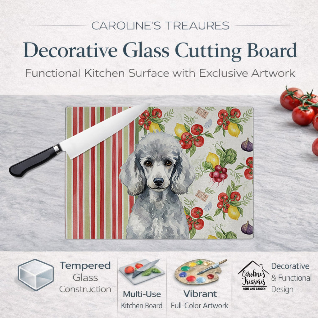 Standard Silver Poodle Vegetables Cutting Board Tempered Glass Kitchen Cutting Surface, Heat Resistant Chopping, Non-Slip Feet, Food Prep & Serving