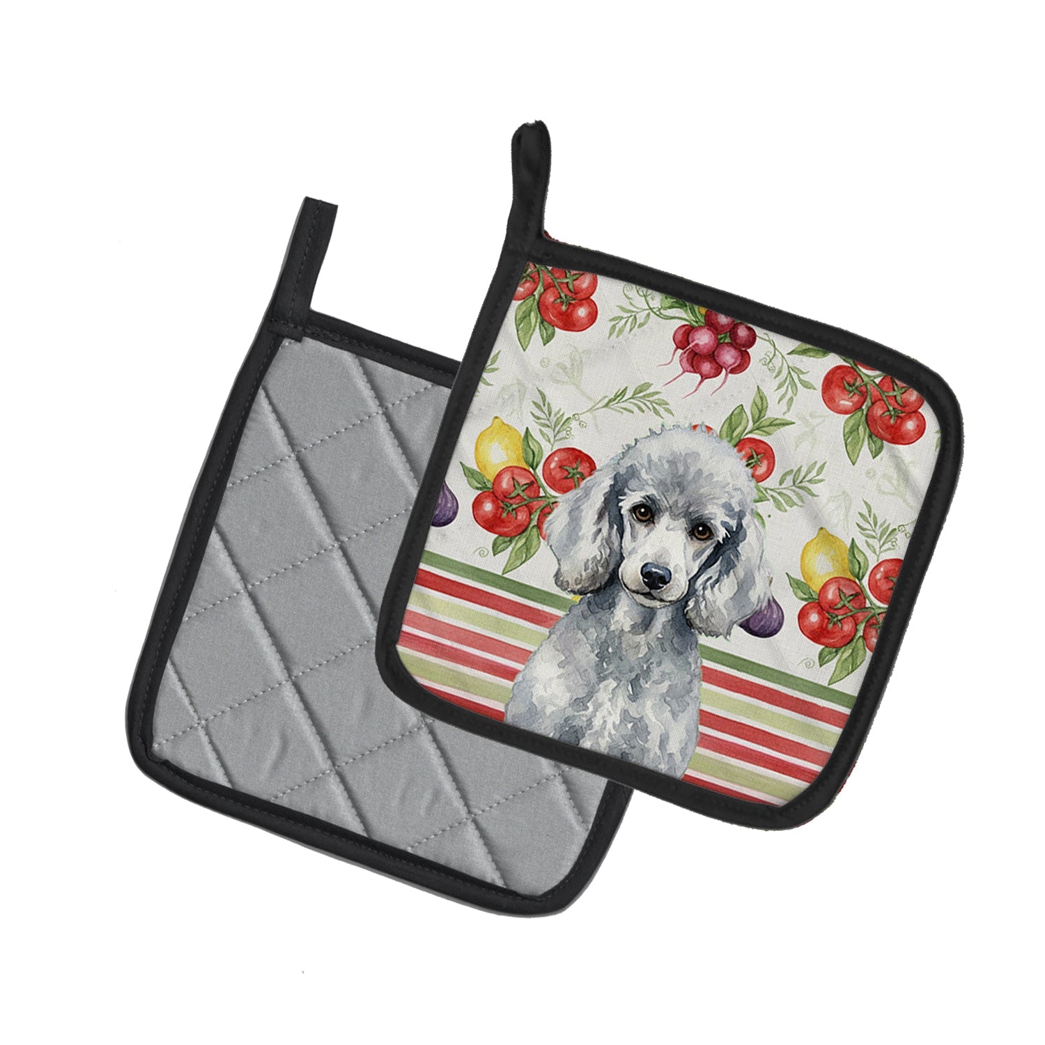 Standard Silver Poodle Vegetables Pot Holder Set of 2 Heat Resistant Quilted Hot Pads 7.5 x 7.5 Inch, Insulated Kitchen Trivets for Cooking & Baking