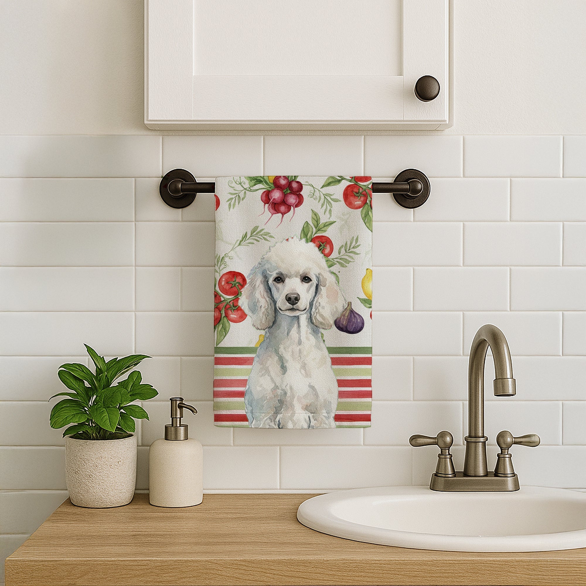 Standard White Poodle Vegetables Kitchen Towel Velour Plush Front and Cotton Loop Back Machine Washable