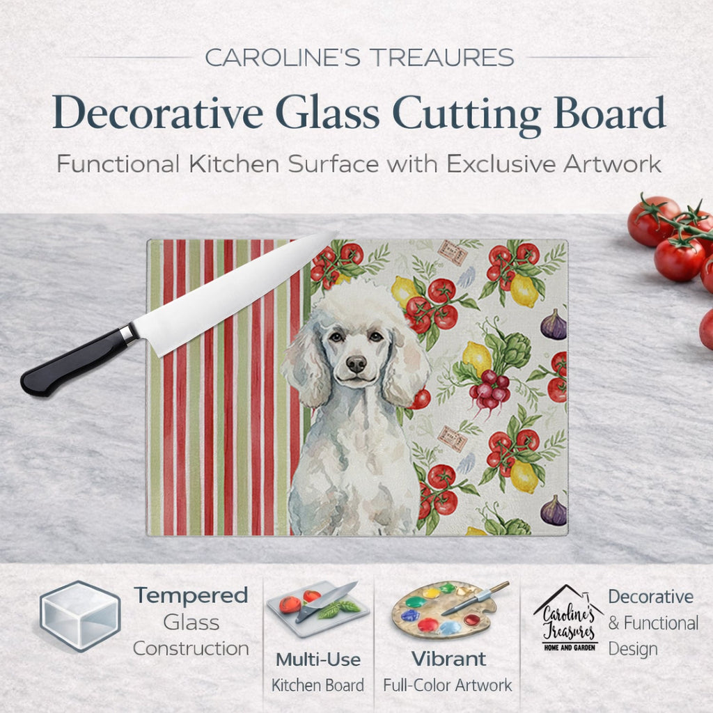 Standard White Poodle Vegetables Cutting Board Tempered Glass Kitchen Cutting Surface, Heat Resistant Chopping, Non-Slip Feet, Food Prep & Serving