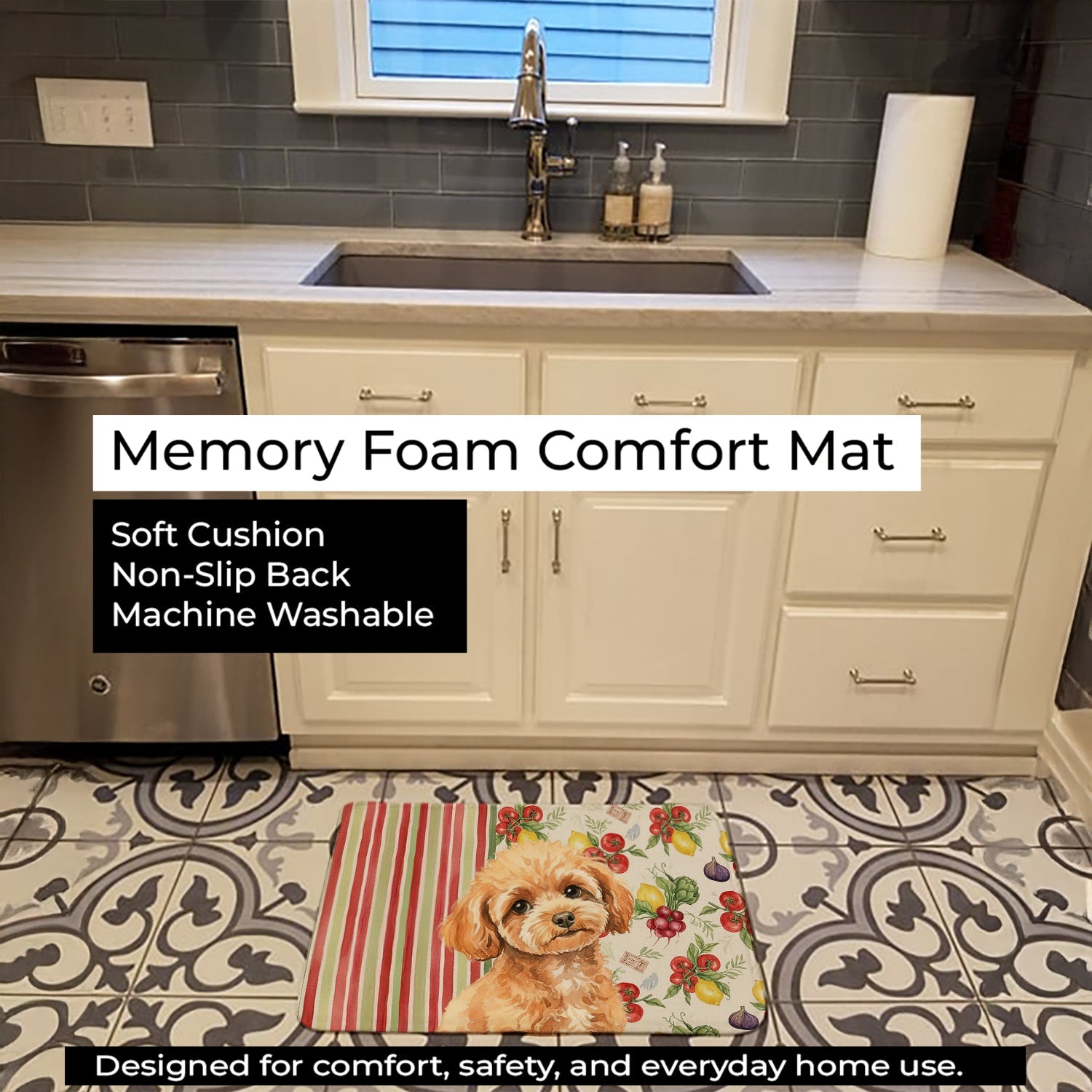 Toy Apricot Poodle Vegetables Memory Foam Kitchen Mat Machine Washable Anti-Fatigue Cushion Comfort Bath or Kitchen Rug