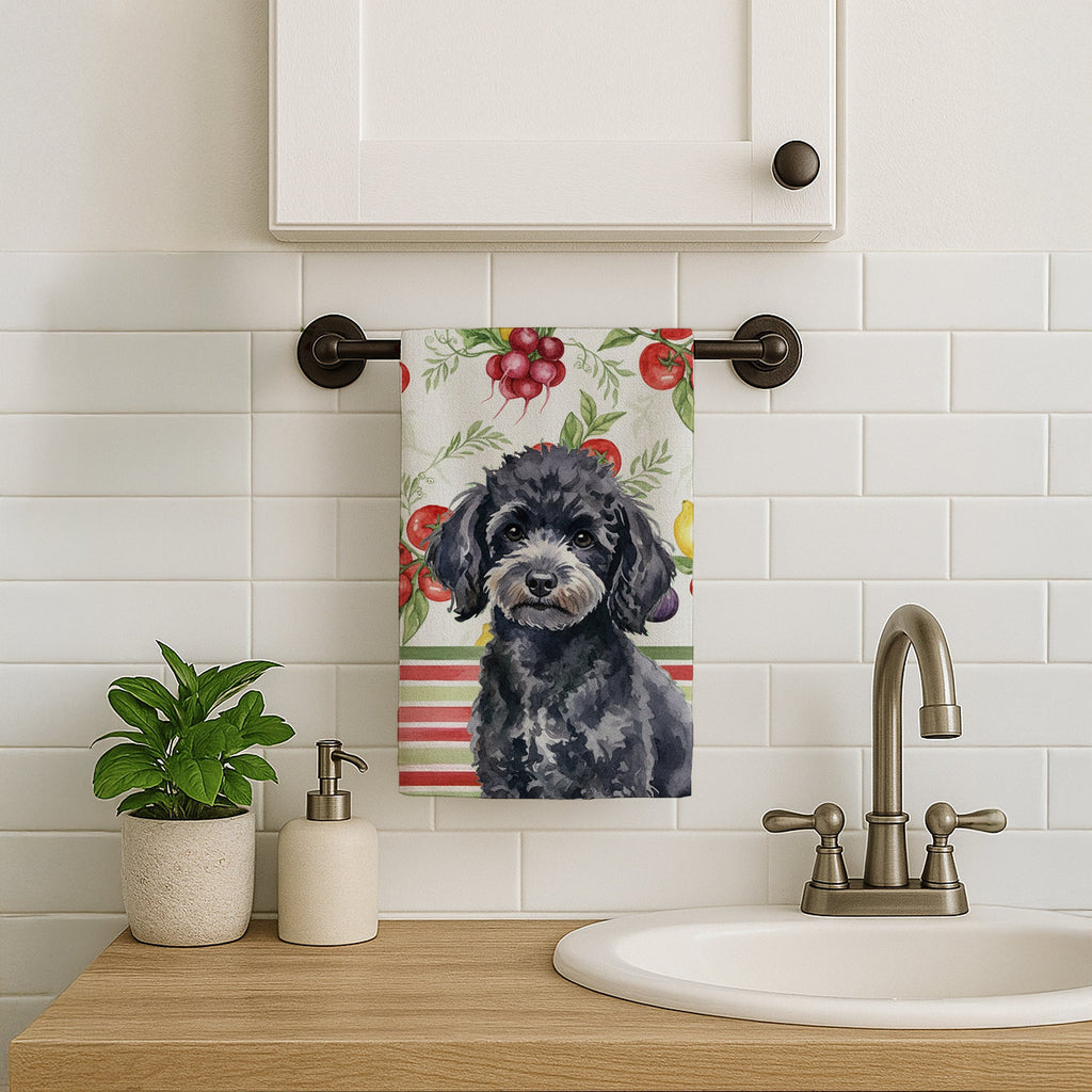 Toy Black Poodle Vegetables Kitchen Towel Velour Plush Front and Cotton Loop Back Machine Washable