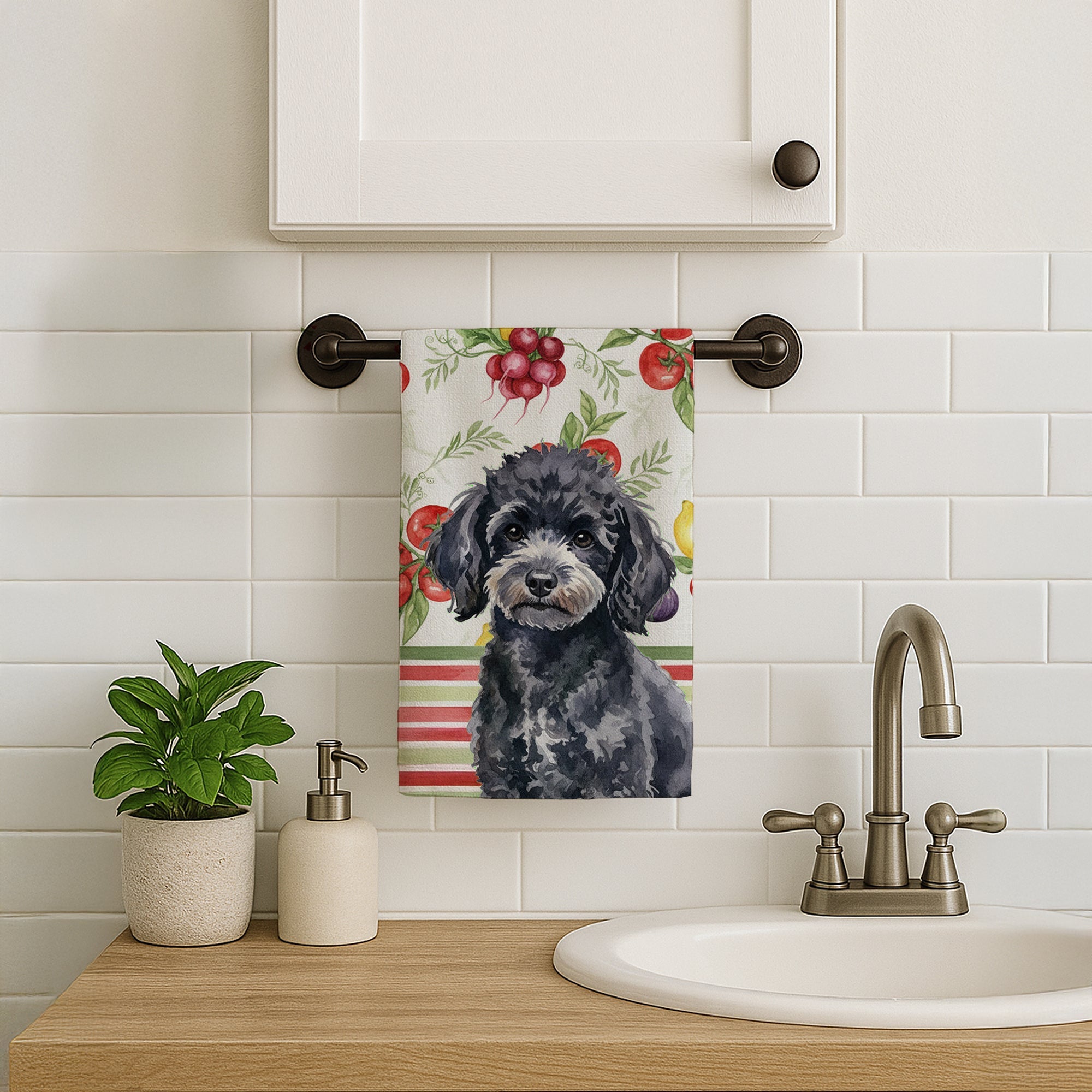 Toy Black Poodle Vegetables Kitchen Towel Velour Plush Front and Cotton Loop Back Machine Washable