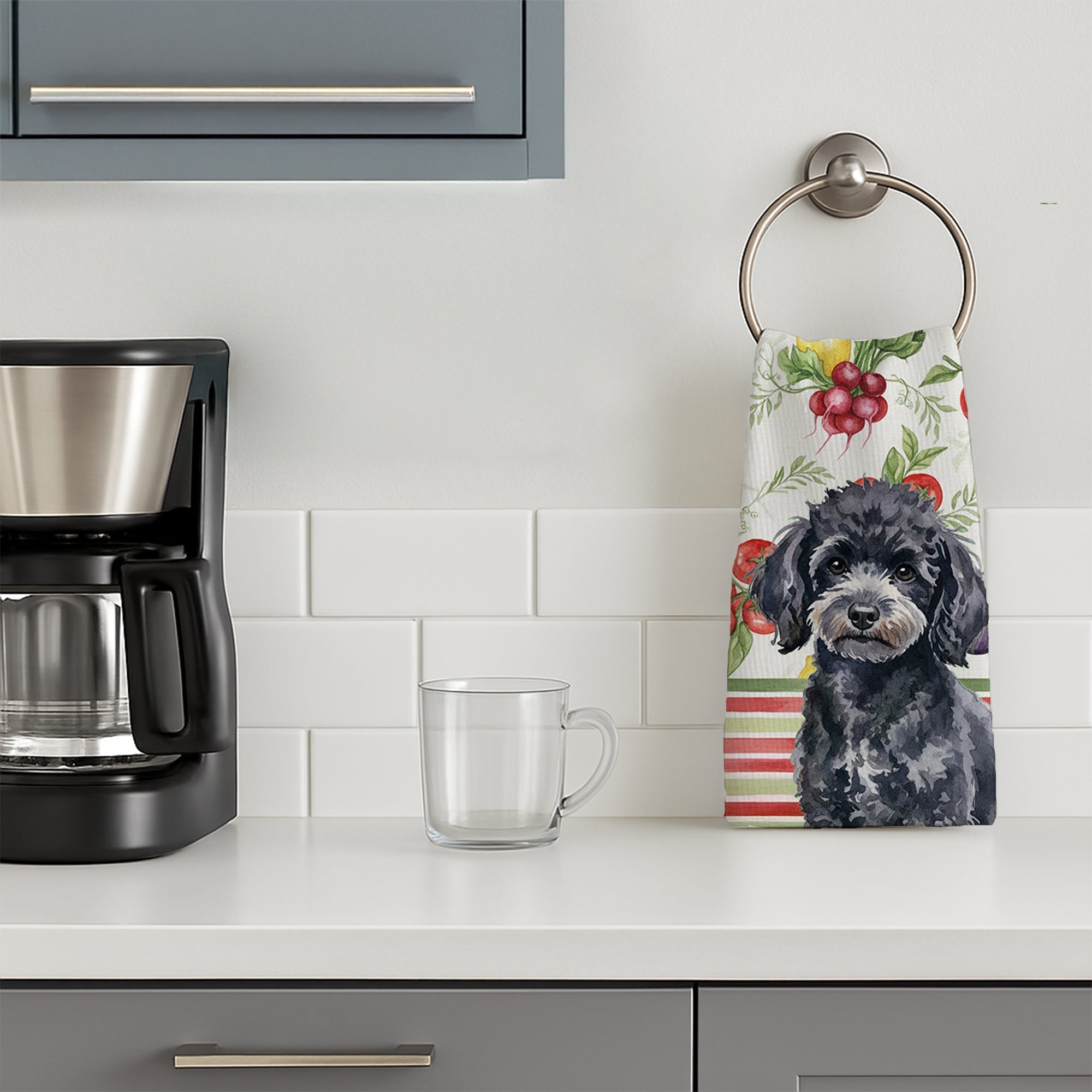 Toy Black Poodle Vegetables Kitchen Towel Velour Plush Front and Cotton Loop Back Machine Washable