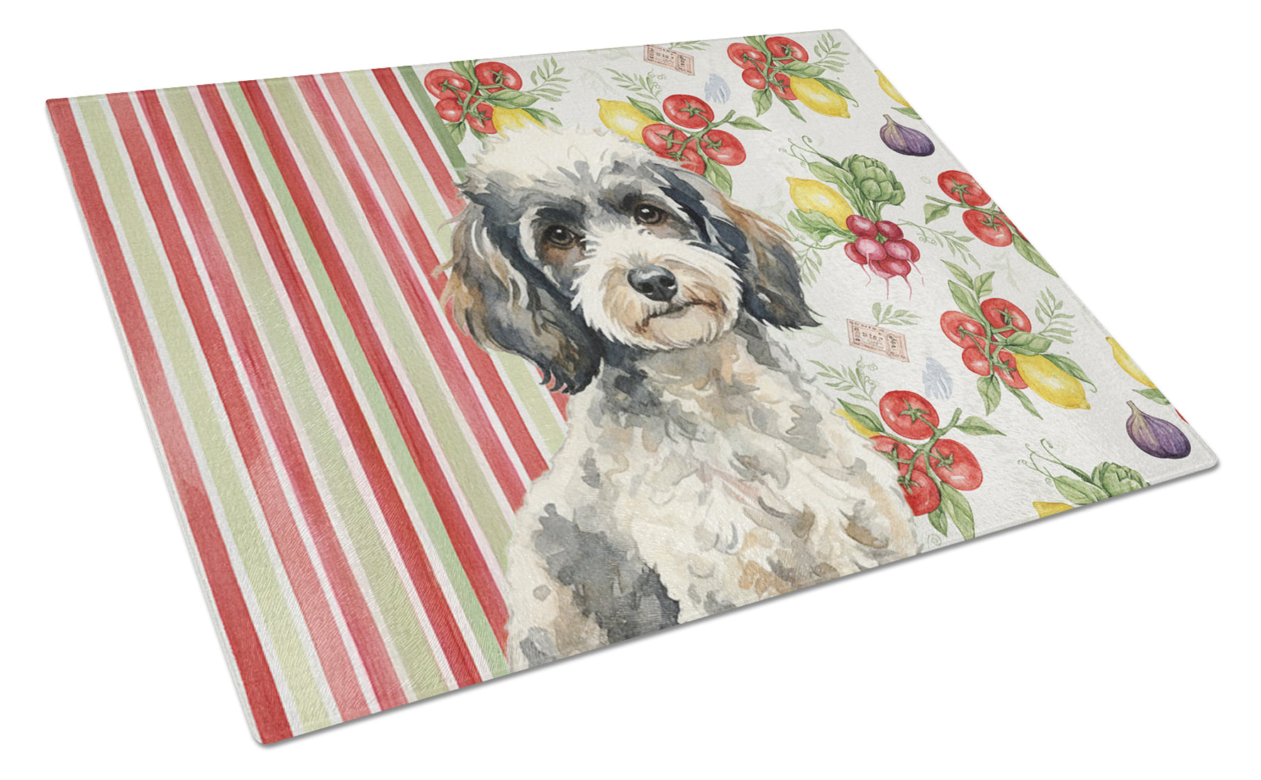 Toy Parti Poodle Vegetables Cutting Board Tempered Glass Kitchen Cutting Surface, Heat Resistant Chopping, Non-Slip Feet, Food Prep & Serving
