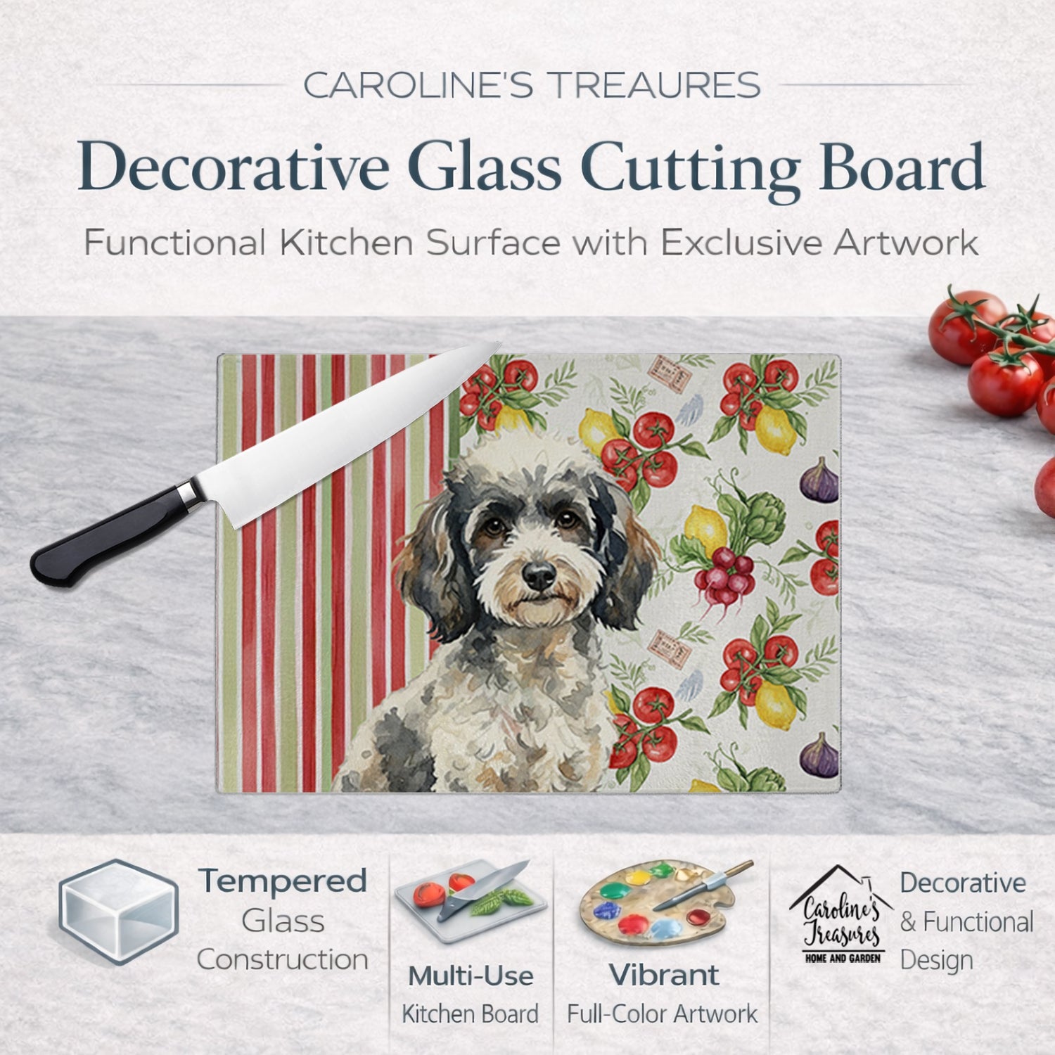Toy Parti Poodle Vegetables Cutting Board Tempered Glass Kitchen Cutting Surface, Heat Resistant Chopping, Non-Slip Feet, Food Prep & Serving