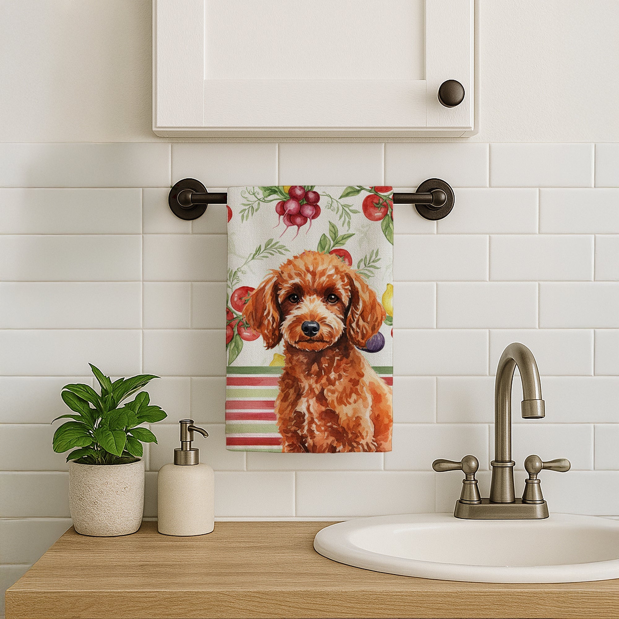 Toy Red Poodle Vegetables Kitchen Towel Velour Plush Front and Cotton Loop Back Machine Washable