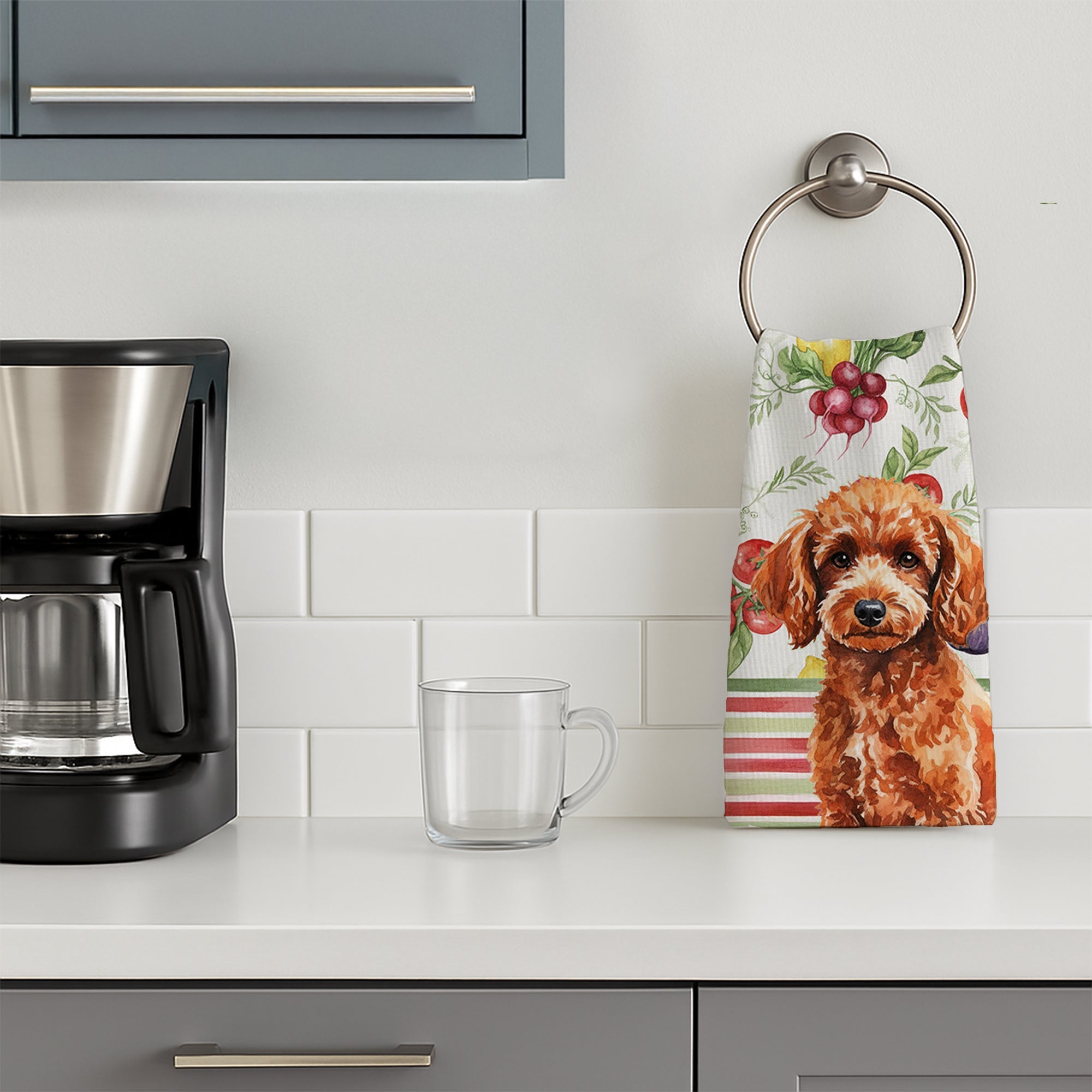 Toy Red Poodle Vegetables Kitchen Towel Velour Plush Front and Cotton Loop Back Machine Washable