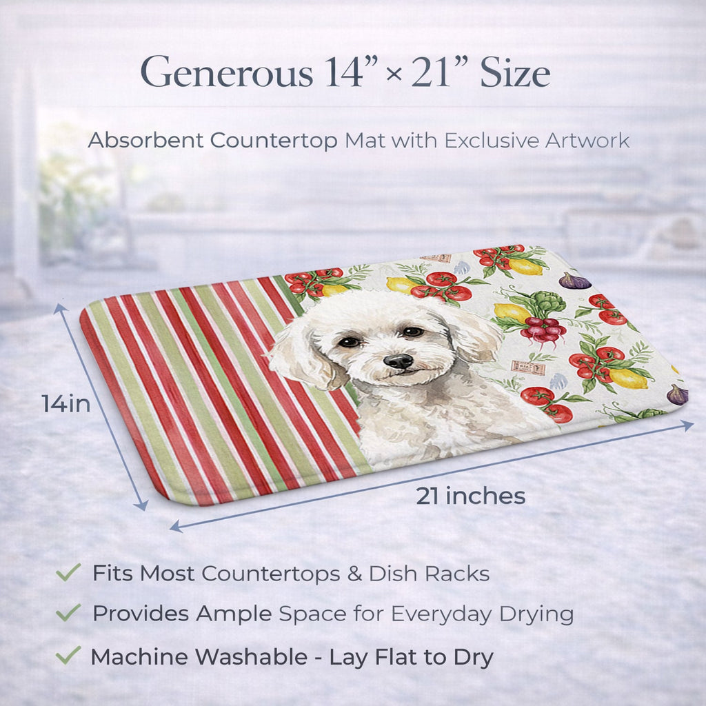 Toy White Poodle Vegetables Dish Drying Mat Absorbent Dish Drying Mat Pad for Kitchen Counter Dish Drainer Mat for Countertop, 14 x 21", Multicolor