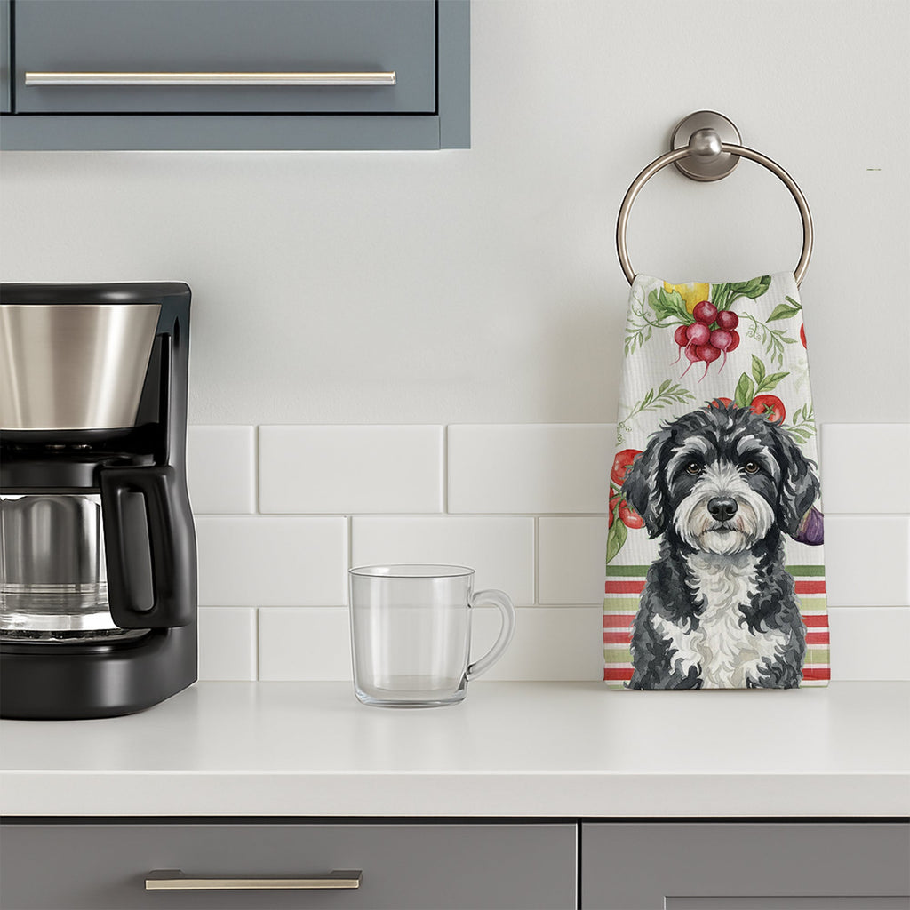 Portuguese Water Dog Vegetables Kitchen Towel Velour Plush Front and Cotton Loop Back Machine Washable