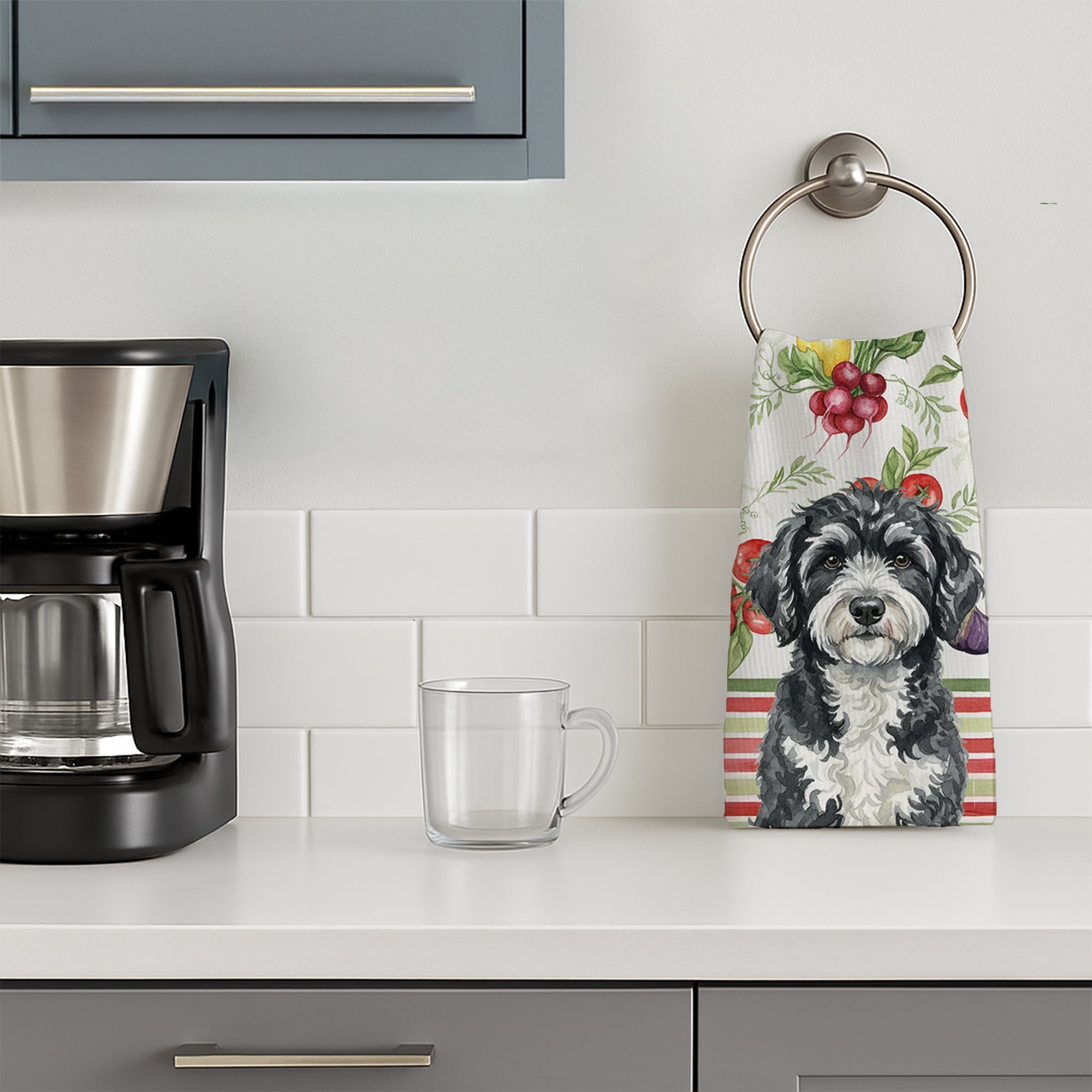 Portuguese Water Dog Vegetables Kitchen Towel Velour Plush Front and Cotton Loop Back Machine Washable