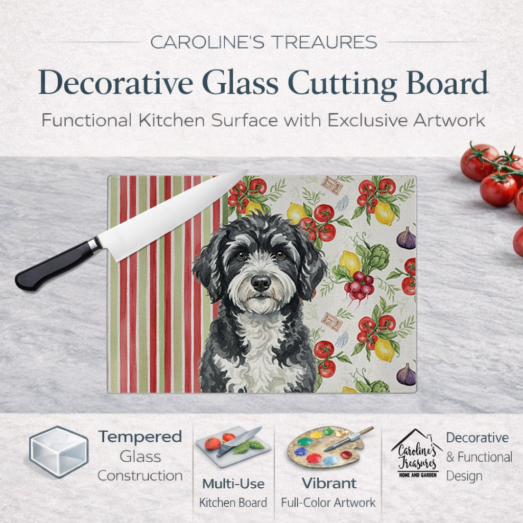 Portuguese Water Dog Vegetables Cutting Board Tempered Glass Kitchen Cutting Surface, Heat Resistant Chopping, Non-Slip Feet, Food Prep & Serving