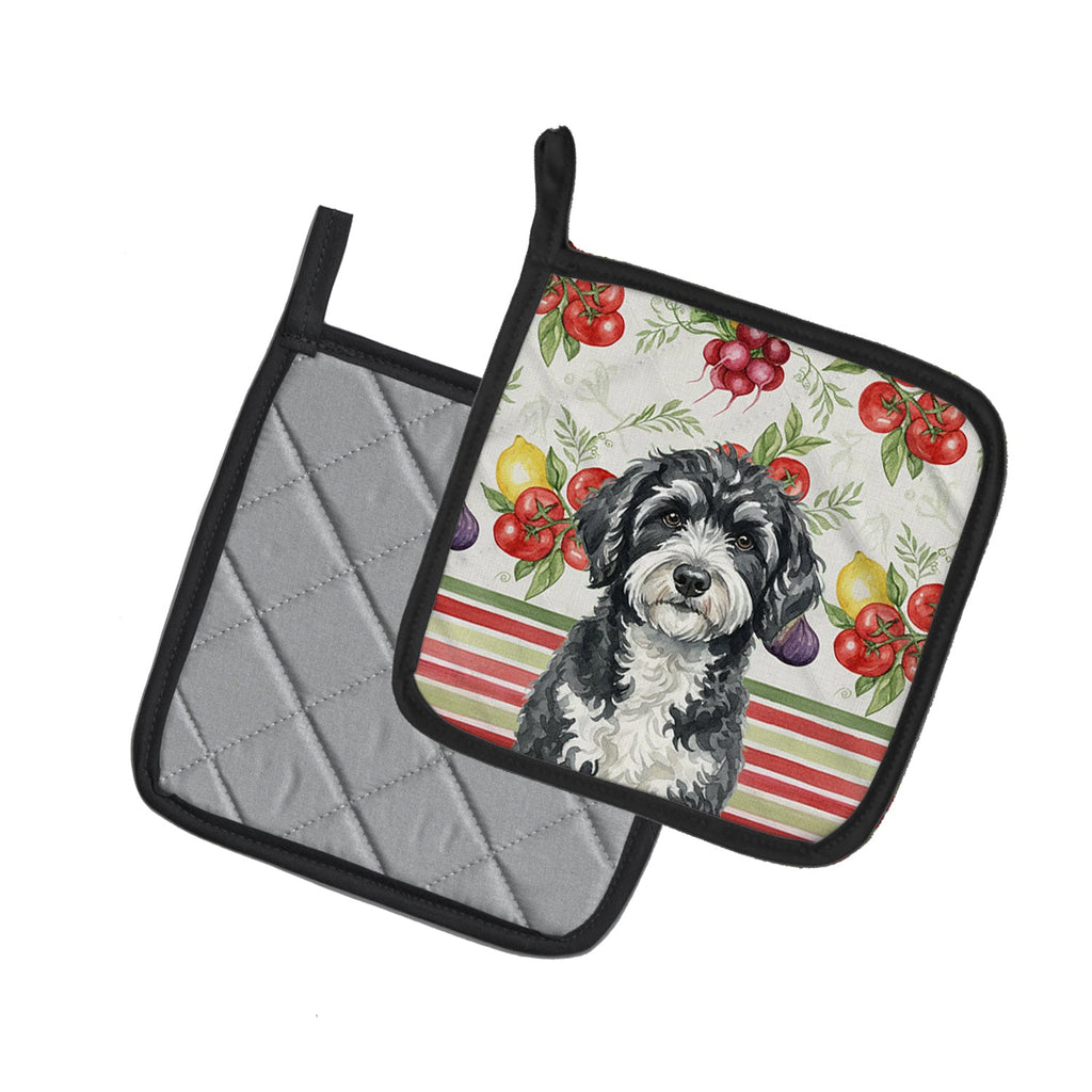 Portuguese Water Dog Vegetables Pot Holder Set of 2 Heat Resistant Quilted Hot Pads 7.5 x 7.5 Inch, Insulated Kitchen Trivets for Cooking & Baking