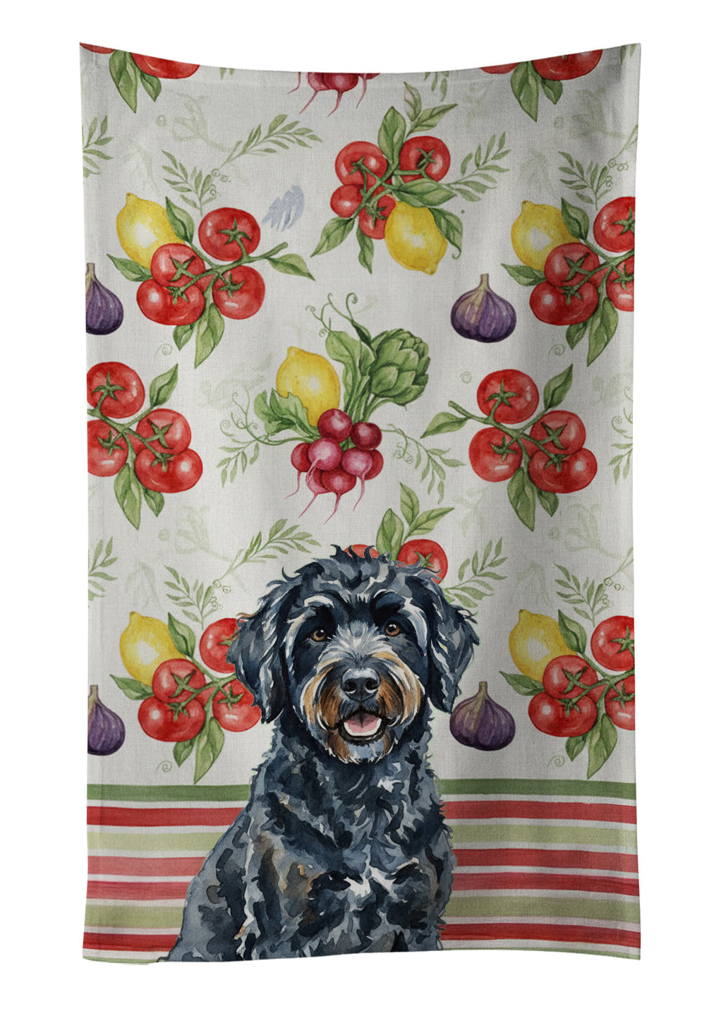 Black Portuguese Water Dog Vegetables Kitchen Towel Velour Plush Front and Cotton Loop Back Machine Washable