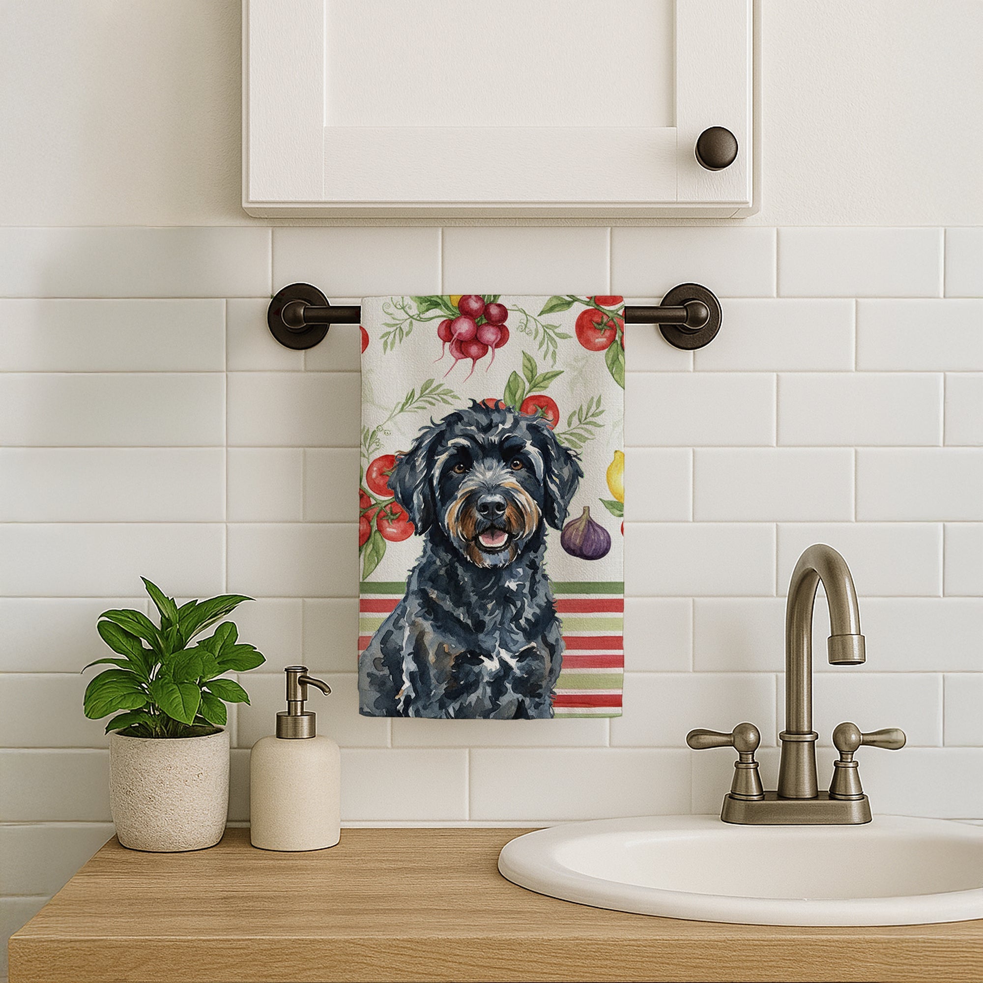 Black Portuguese Water Dog Vegetables Kitchen Towel Velour Plush Front and Cotton Loop Back Machine Washable