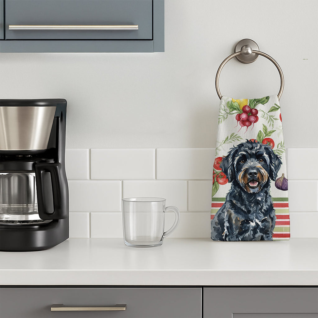 Black Portuguese Water Dog Vegetables Kitchen Towel Velour Plush Front and Cotton Loop Back Machine Washable