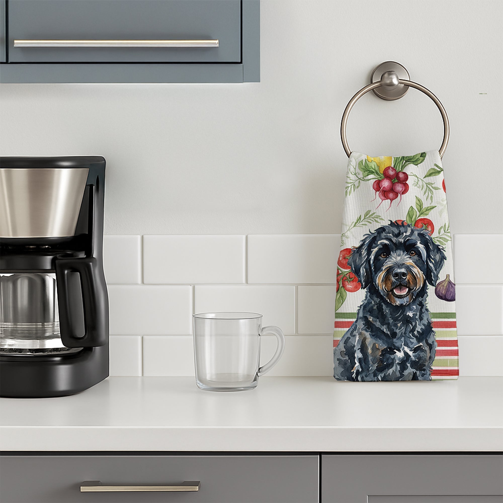 Black Portuguese Water Dog Vegetables Kitchen Towel Velour Plush Front and Cotton Loop Back Machine Washable