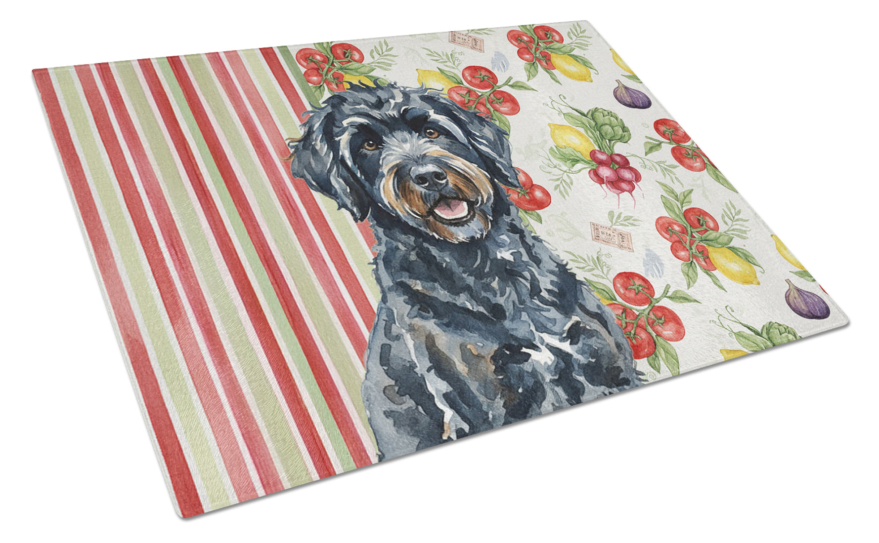 Black Portuguese Water Dog Vegetables Cutting Board Tempered Glass Kitchen Cutting Surface, Heat Resistant Chopping, Non-Slip Feet, Food Prep & Serving