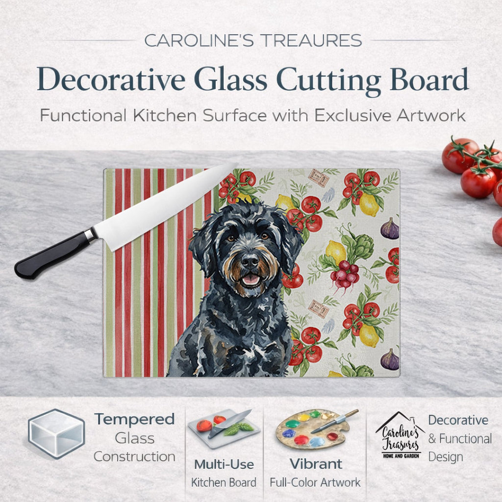 Black Portuguese Water Dog Vegetables Cutting Board Tempered Glass Kitchen Cutting Surface, Heat Resistant Chopping, Non-Slip Feet, Food Prep & Serving