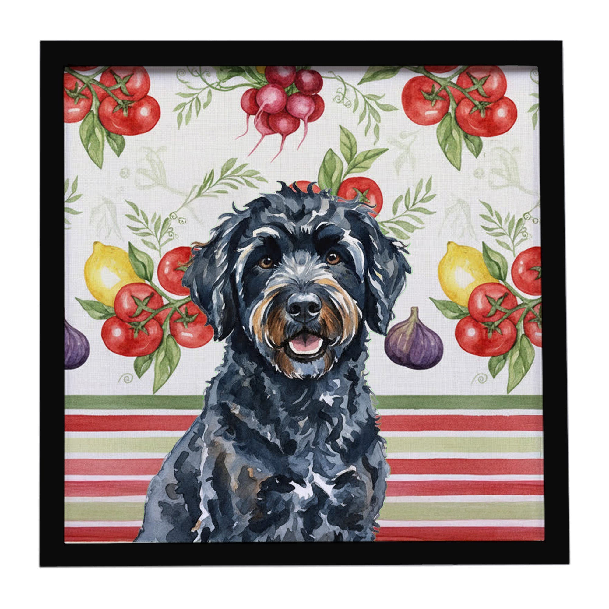 Black Portuguese Water Dog Vegetables Framed Metal Print Bathroom, Kitchen, Office, Home Decor Wall Art Ready to Hang, Square, 8X8