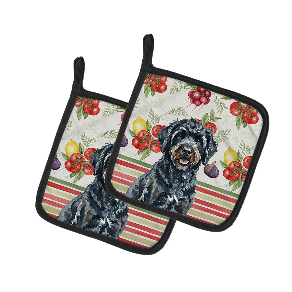 Black Portuguese Water Dog Vegetables Pot Holder Set of 2 Heat Resistant Quilted Hot Pads 7.5 x 7.5 Inch, Insulated Kitchen Trivets for Cooking & Baking