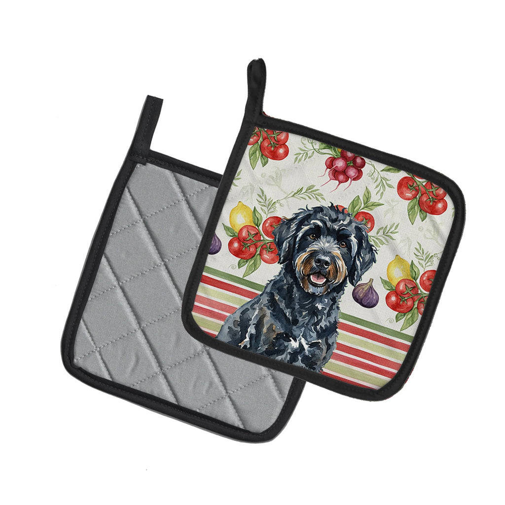 Black Portuguese Water Dog Vegetables Pot Holder Set of 2 Heat Resistant Quilted Hot Pads 7.5 x 7.5 Inch, Insulated Kitchen Trivets for Cooking & Baking