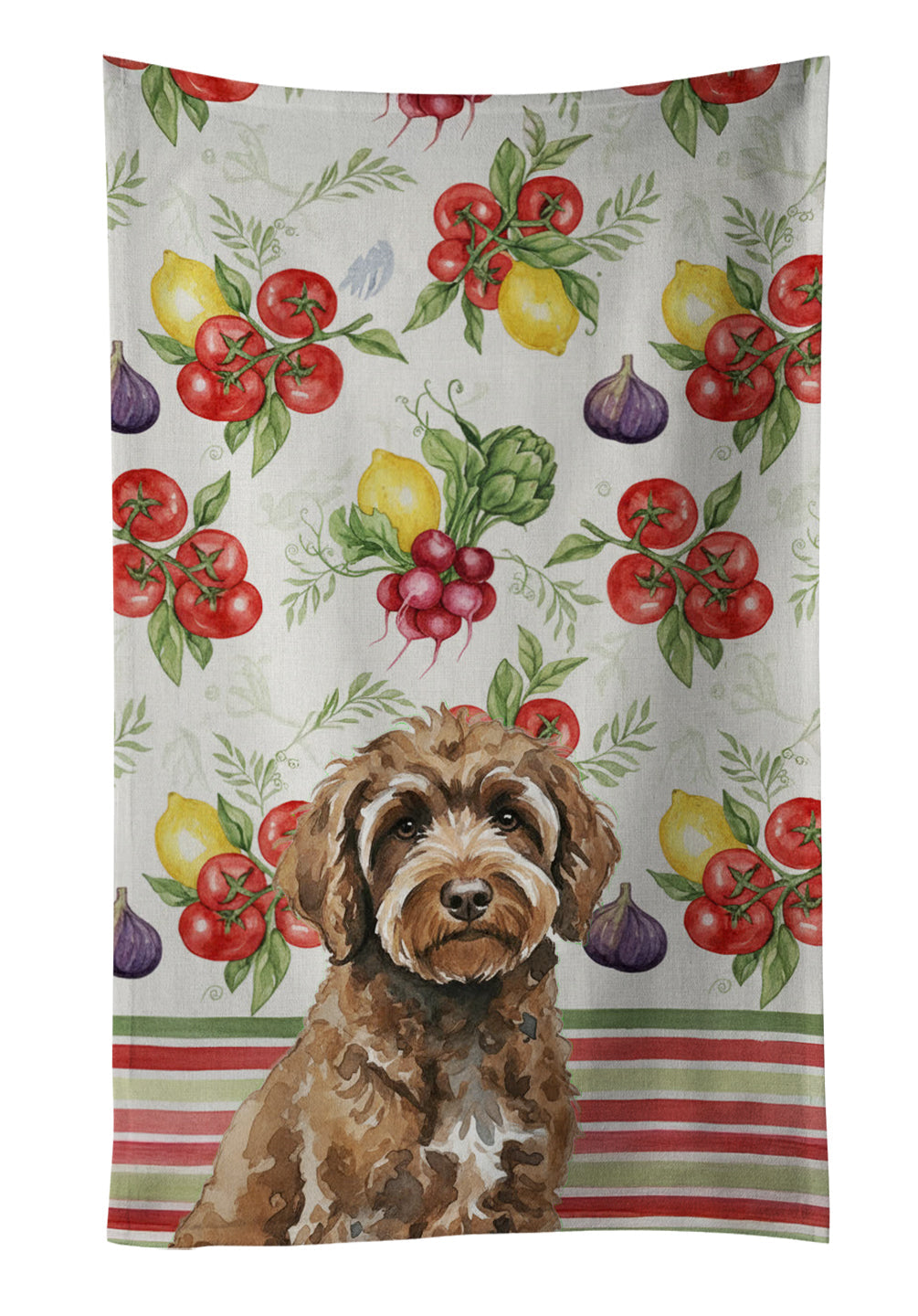 Brown Portuguese Water Dog Vegetables Kitchen Towel Velour Plush Front and Cotton Loop Back Machine Washable