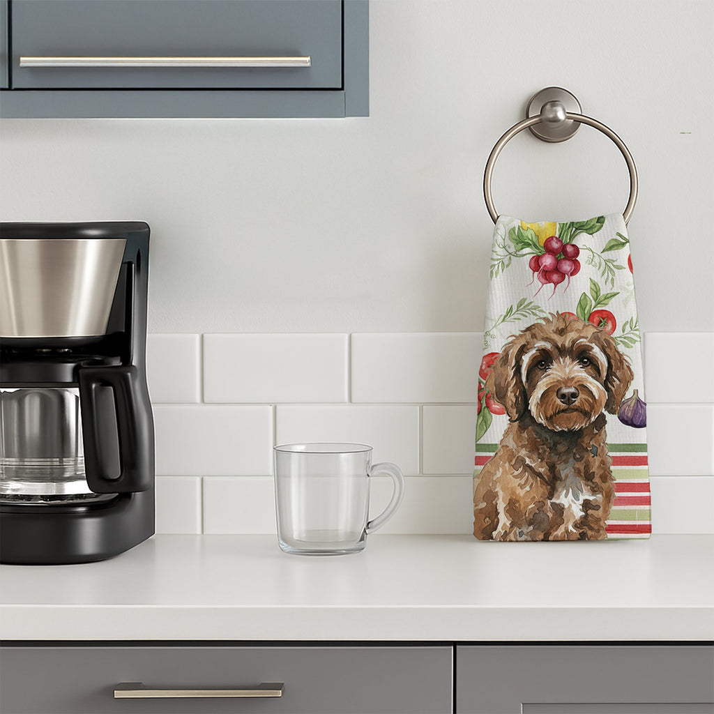 Brown Portuguese Water Dog Vegetables Kitchen Towel Velour Plush Front and Cotton Loop Back Machine Washable