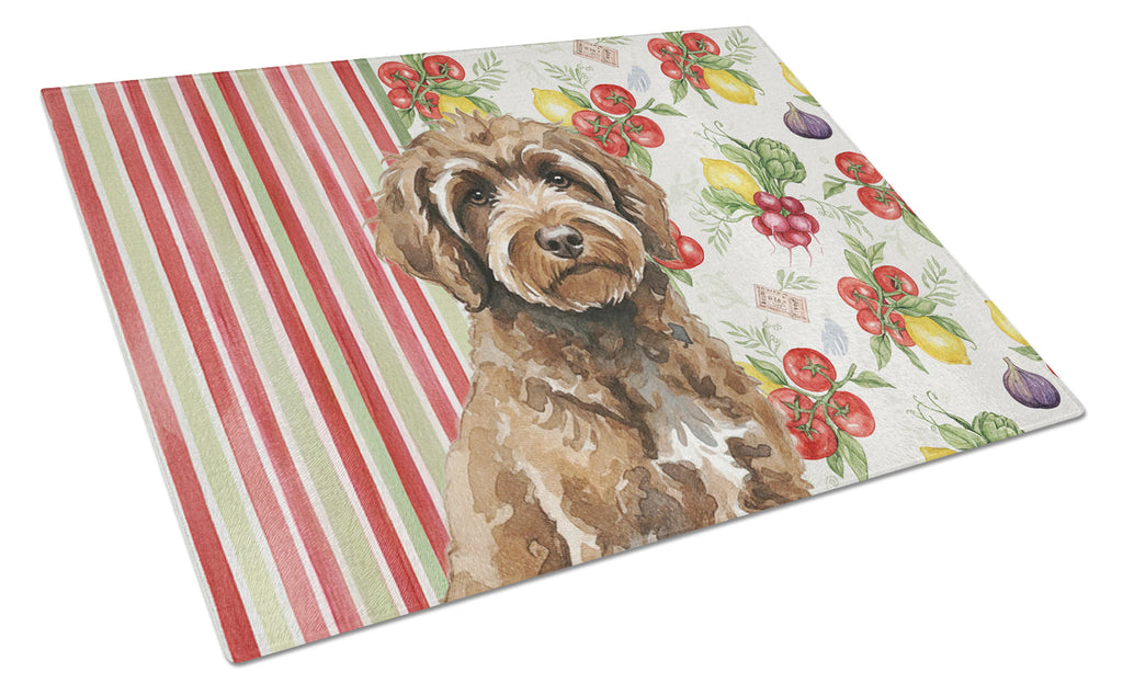 Brown Portuguese Water Dog Vegetables Cutting Board Tempered Glass Kitchen Cutting Surface, Heat Resistant Chopping, Non-Slip Feet, Food Prep & Serving