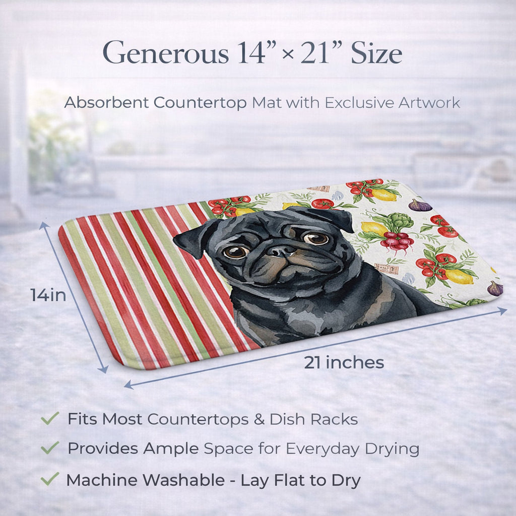 Black Pug Vegetables Dish Drying Mat Absorbent Dish Drying Mat Pad for Kitchen Counter Dish Drainer Mat for Countertop, 14 x 21", Multicolor