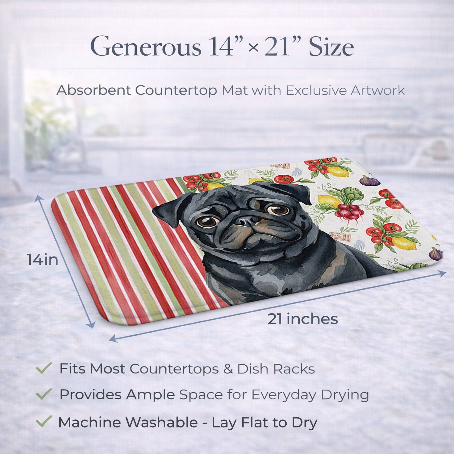 Black Pug Vegetables Dish Drying Mat Absorbent Dish Drying Mat Pad for Kitchen Counter Dish Drainer Mat for Countertop, 14 x 21", Multicolor