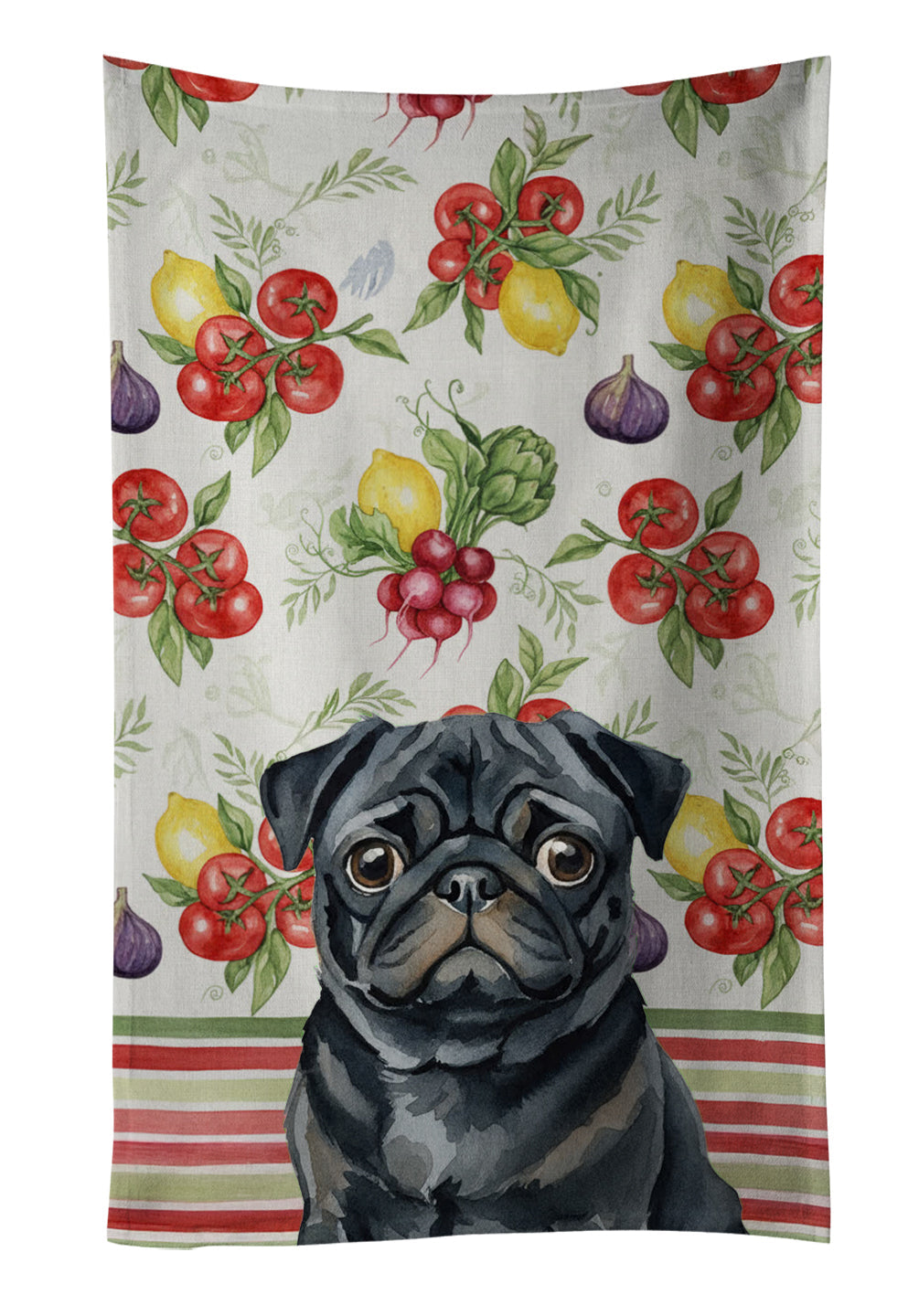 Black Pug Vegetables Kitchen Towel Velour Plush Front and Cotton Loop Back Machine Washable