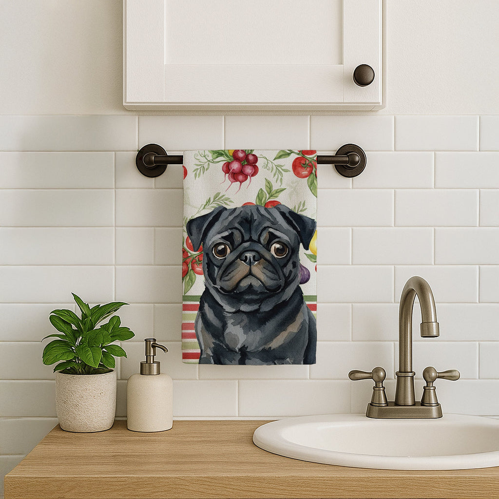 Black Pug Vegetables Kitchen Towel Velour Plush Front and Cotton Loop Back Machine Washable
